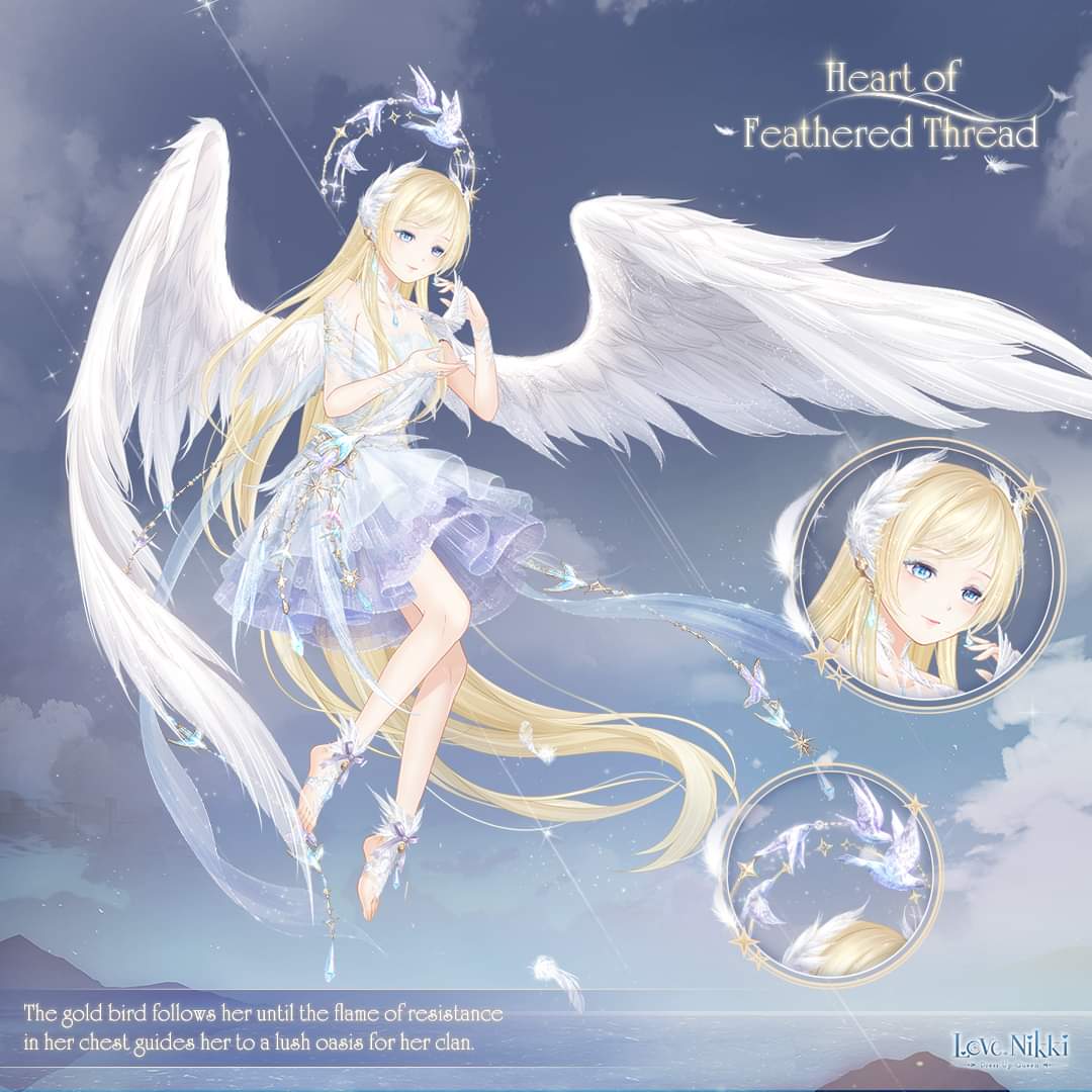 heart of feathered thread (miracle nikki), miracle nikki, nikki (series), artist request, official art, third-party source, 1girl, absurdly long hair, angel, angel wings, bare shoulders, bird, blonde hair, blue dress, blue eyes, blue ribbon, blue sky, character name, choker, close-up, closed mouth, cloud, copyright logo, day, dot nose, dove, dress, english text, eyelashes, feather-trimmed socks, feather hair ornament, feather trim, feathered wings, feathers, flying, four-pointed star, frilled dress, frills, full body, gradient clothes, gradient dress, hair ornament, halo, halo behind head, happy, hexagram, knees, light particles, lipstick, logo, long hair, long sidelocks, looking at hands, makeup, mountain, off-shoulder dress, off shoulder, outdoors, oversized wings, pendant choker, pink lips, ribbon, short dress, short sleeves, sidelocks, sky, smile, socks, solo, star (symbol), stirrup legwear, tassel, toeless legwear, toes, two-tone dress, very long hair, white choker, white dress, white halo, white socks, white wings, wings