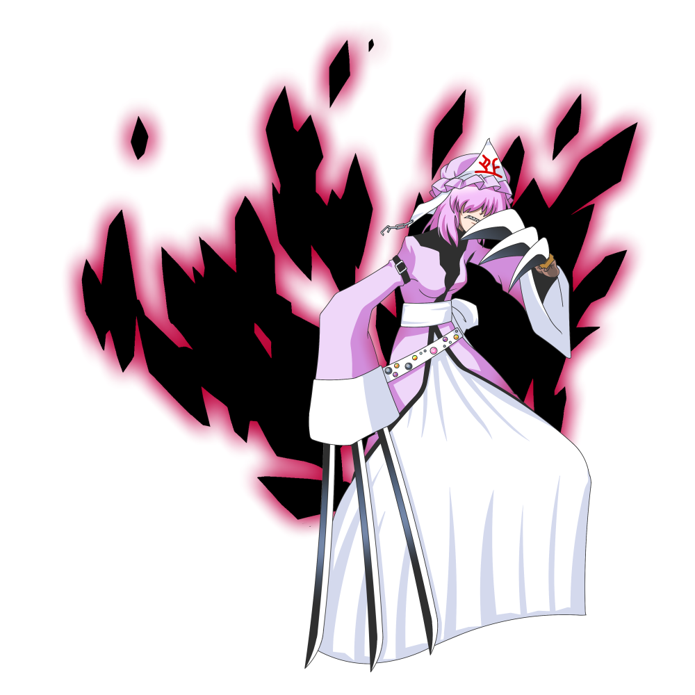 hoshiyasorano, saigyouji yuyuko, sorano, touhou, 1girl, claws, fangs, female focus, hair over eyes, hat, long sleeves, mob cap, pink hair