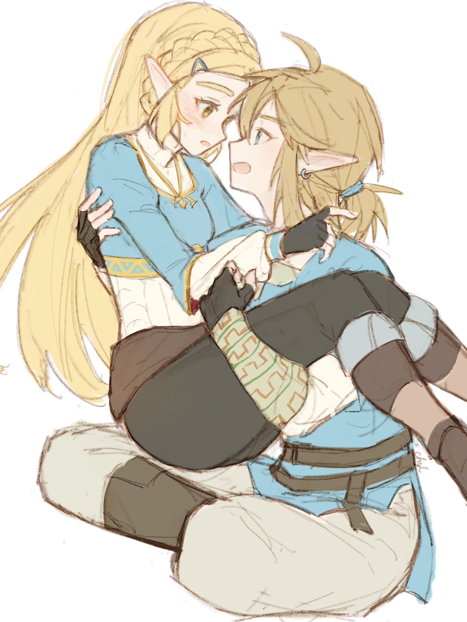 ciru093, link, princess zelda, nintendo, the legend of zelda, the legend of zelda: breath of the wild, highres, 1boy, 1girl, arm around back, black gloves, black pants, blonde hair, blue eyes, blue shirt, blue tunic, blush, boots, braid, breasts, carrying, crown braid, earrings, fingerless gloves, gloves, gold trim, green eyes, grey pants, hair ornament, hair tie, hairclip, indian style, jewelry, long hair, looking at another, medium breasts, medium hair, open mouth, pants, parted bangs, parted lips, pointy ears, princess carry, shirt, sidelocks, sitting, tunic, white background