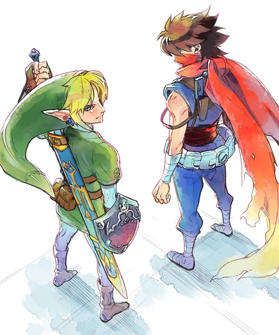 hpa (foolish factory), link, strider hiryuu, capcom, nintendo, strider (video game), the legend of zelda, 2boys, crossover, male focus, multiple boys, shield, sword, weapon