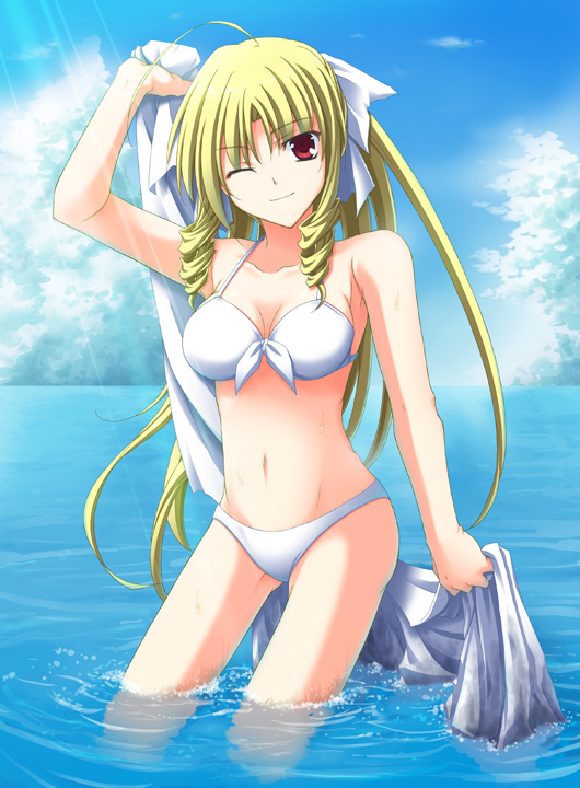 ryouta (ganko tuudere), tennousu athena, hayate no gotoku!, 00s, 1girl, bikini, blonde hair, breasts, cloud, day, drill hair, female focus, navel, ocean, one eye closed, outdoors, red eyes, sky, smile, solo, swimsuit, towel, wading, water, white bikini, wink