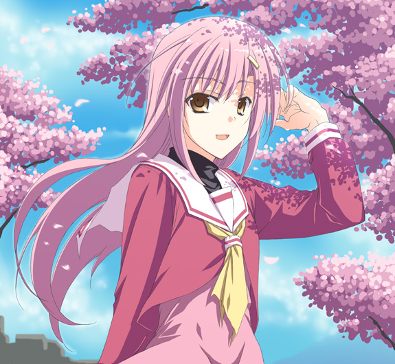 ryouta (ganko tuudere), katsura hinagiku, hayate no gotoku!, bad id, bad pixiv id, 00s, 1girl, brown eyes, cherry blossoms, female focus, hair ornament, hairclip, long hair, nature, outdoors, pink hair, school uniform, sky, solo, tree