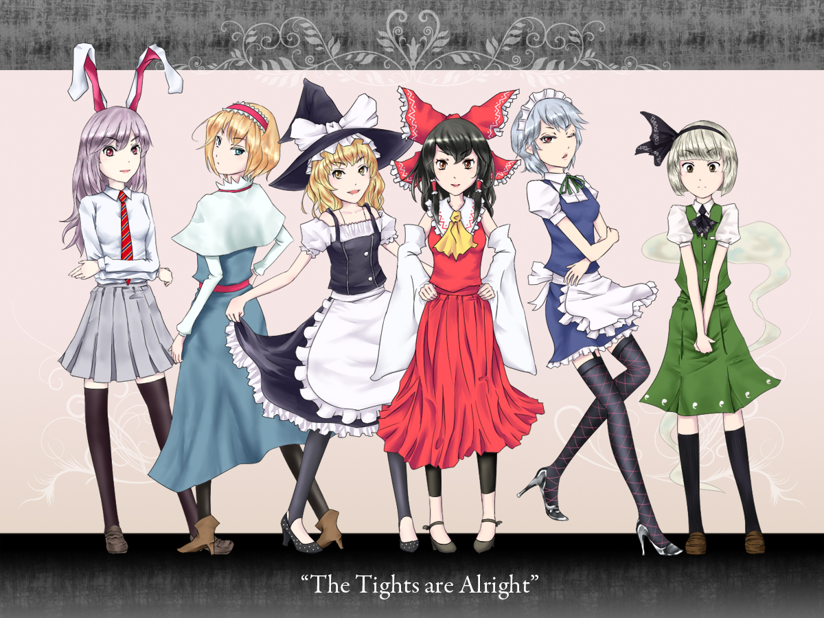 electric chocolatrick, alice margatroid, hakurei reimu, izayoi sakuya, kirisame marisa, konpaku youmu, reisen udongein inaba, touhou, silver hair, 6+girls, animal ears, black hair, blonde hair, blue eyes, blue hair, bow, braid, detached sleeves, english text, female focus, ghost, hairband, hat, japanese clothes, long hair, maid, miko, multiple girls, necktie, purple hair, rabbit ears, red eyes, rhyme, short hair, skirt, thighhighs, twin braids, witch, witch hat, yellow eyes