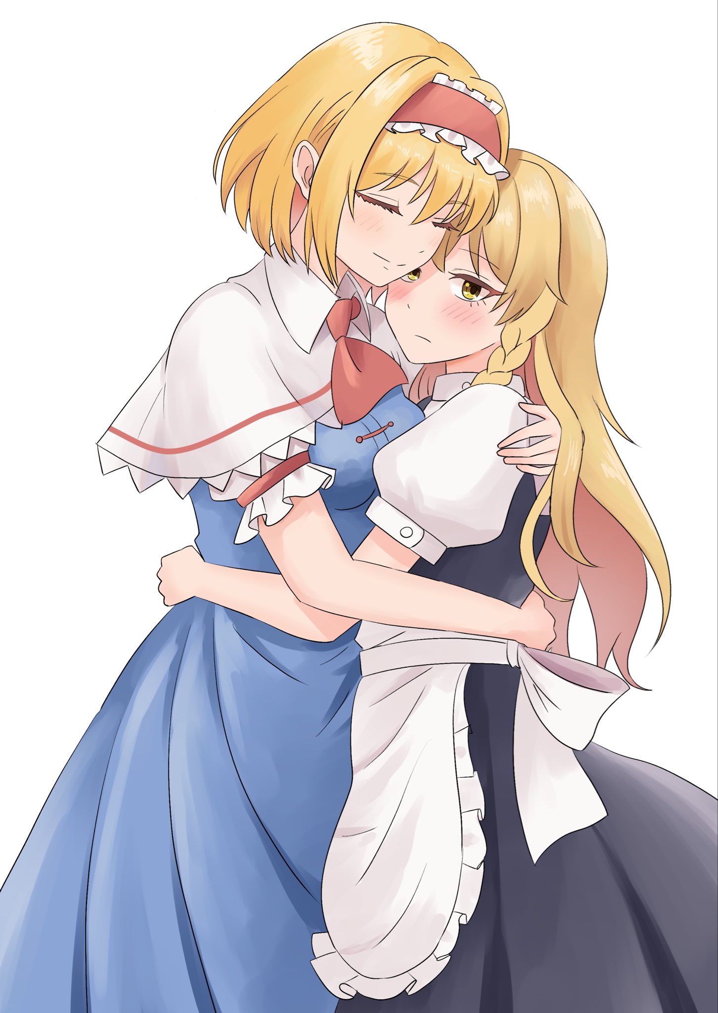 alice margatroid, kirisame marisa, touhou, commentary request, highres, 2girls, apron, ascot, back bow, black skirt, black vest, blonde hair, blue dress, blush, bow, braid, breasts, capelet, closed eyes, closed mouth, dress, frilled hairband, frills, hairband, height difference, hug, kiyo (tomoki6107), lolita hairband, long hair, multiple girls, no headwear, puffy short sleeves, puffy sleeves, red ascot, red hairband, short sleeves, side braid, single braid, skirt, smile, vest, waist apron, white apron, white bow, white capelet, yellow eyes, yuri