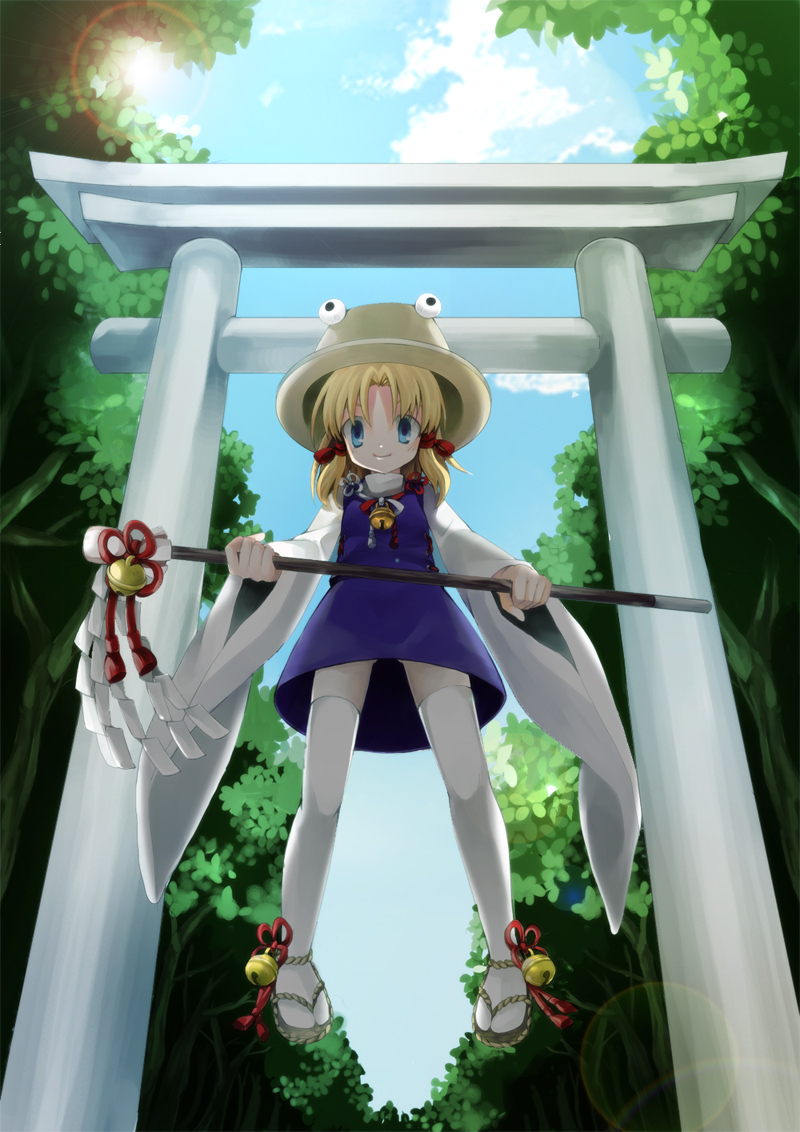 ringpearl, moriya suwako, touhou, bad id, bad pixiv id, 1girl, bell, blonde hair, blue eyes, female focus, full body, gohei, hat, nature, oonusa, outdoors, plant, short hair, skirt, sky, solo, thighhighs, torii, zettai ryouiki