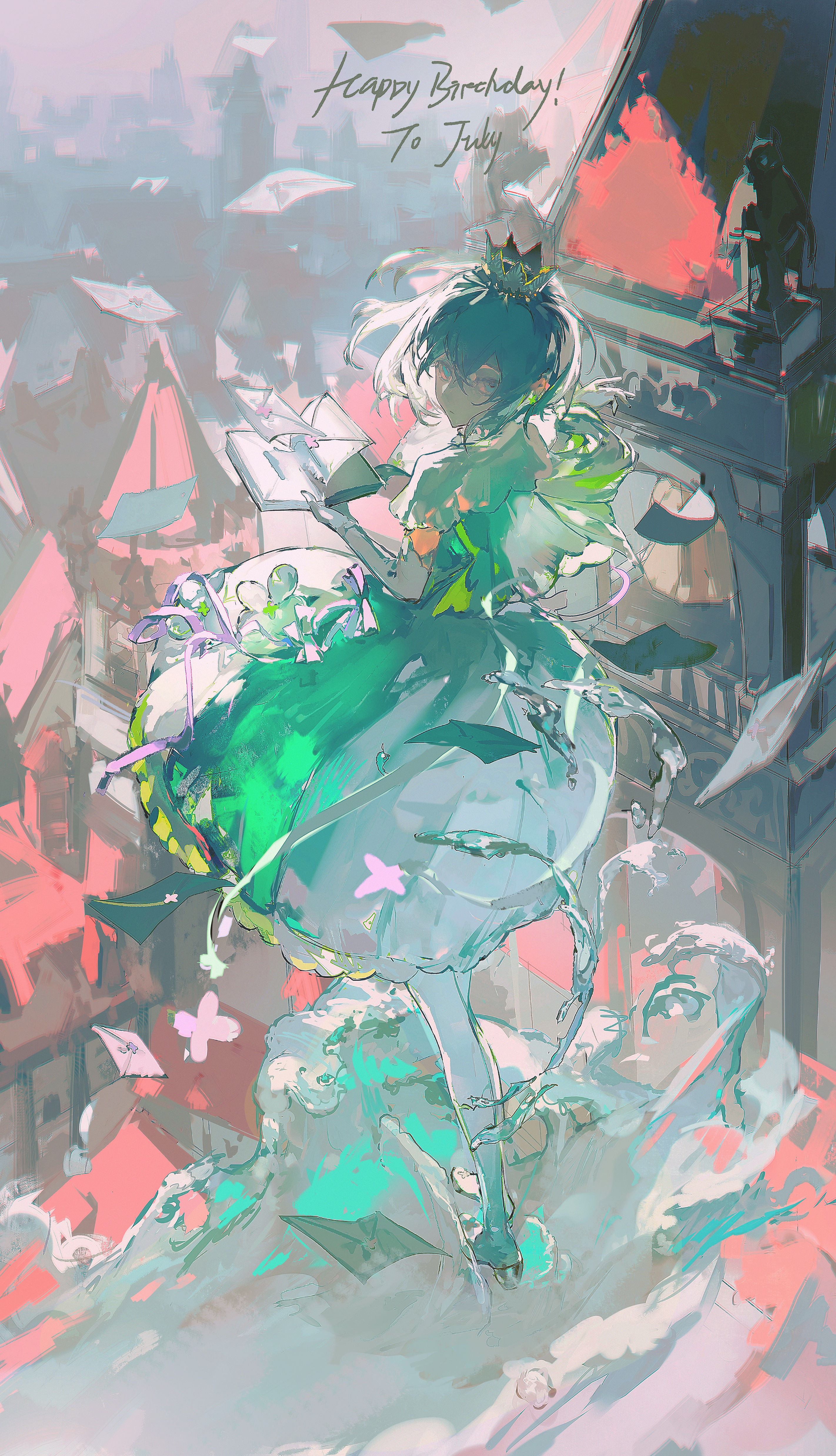 absurdres, character request, copyright request, highres, 1girl, aqua eyes, aqua hair, book, boots, building, crown, dress, elbow gloves, english text, envelope, flower, full body, gloves, green boots, green dress, hair between eyes, happy birthday, holding, holding book, looking back, open book, outdoors, pink ribbon, ribbon, short hair, solo, standing, waves, white flower, white gloves, zhichitianshi