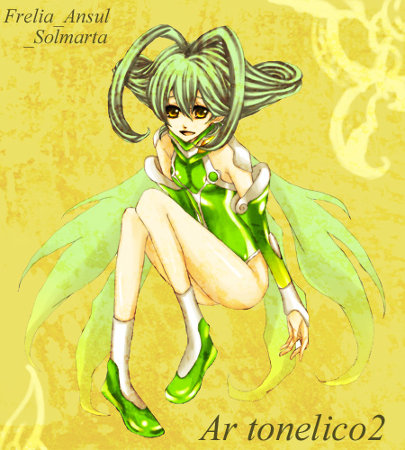sahara (charlotte), frelia (ar tonelico), frelia ansul solmarta, ar tonelico, ar tonelico ii, gust, lowres, 00s, 1girl, antenna hair, bodysuit, boots, female focus, flat chest, green hair, smile, solo, wings, yellow eyes