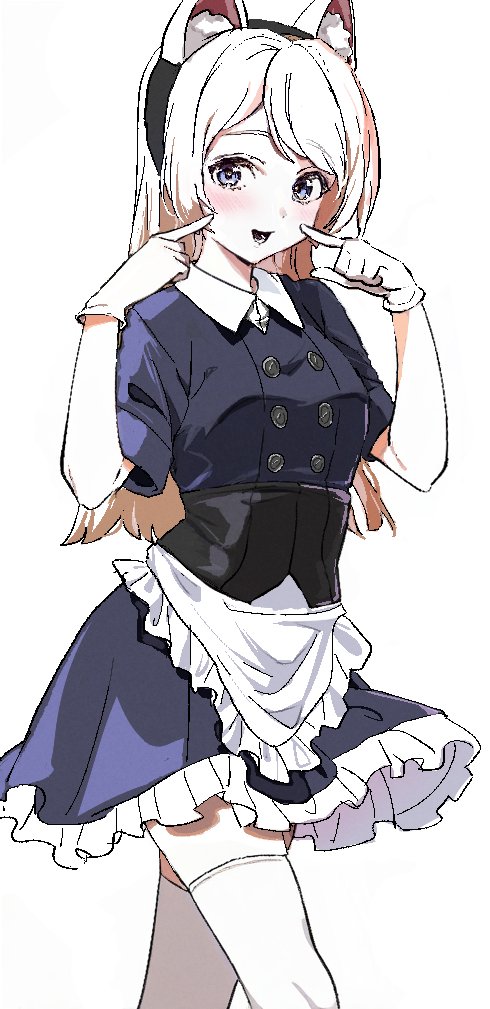 neju, jervis (halloween) (kancolle), jervis (kancolle), kantai collection, commentary, 1girl, alternate costume, animal ear fluff, animal ears, apron, blonde hair, blue eyes, blue shirt, blue skirt, blush, buttons, collared shirt, fake animal ears, frilled skirt, frills, gloves, halloween costume, long hair, looking at viewer, open mouth, pointing, pointing at self, shirt, short sleeves, simple background, skirt, solo, thighhighs, waist apron, white background, white gloves, white thighhighs