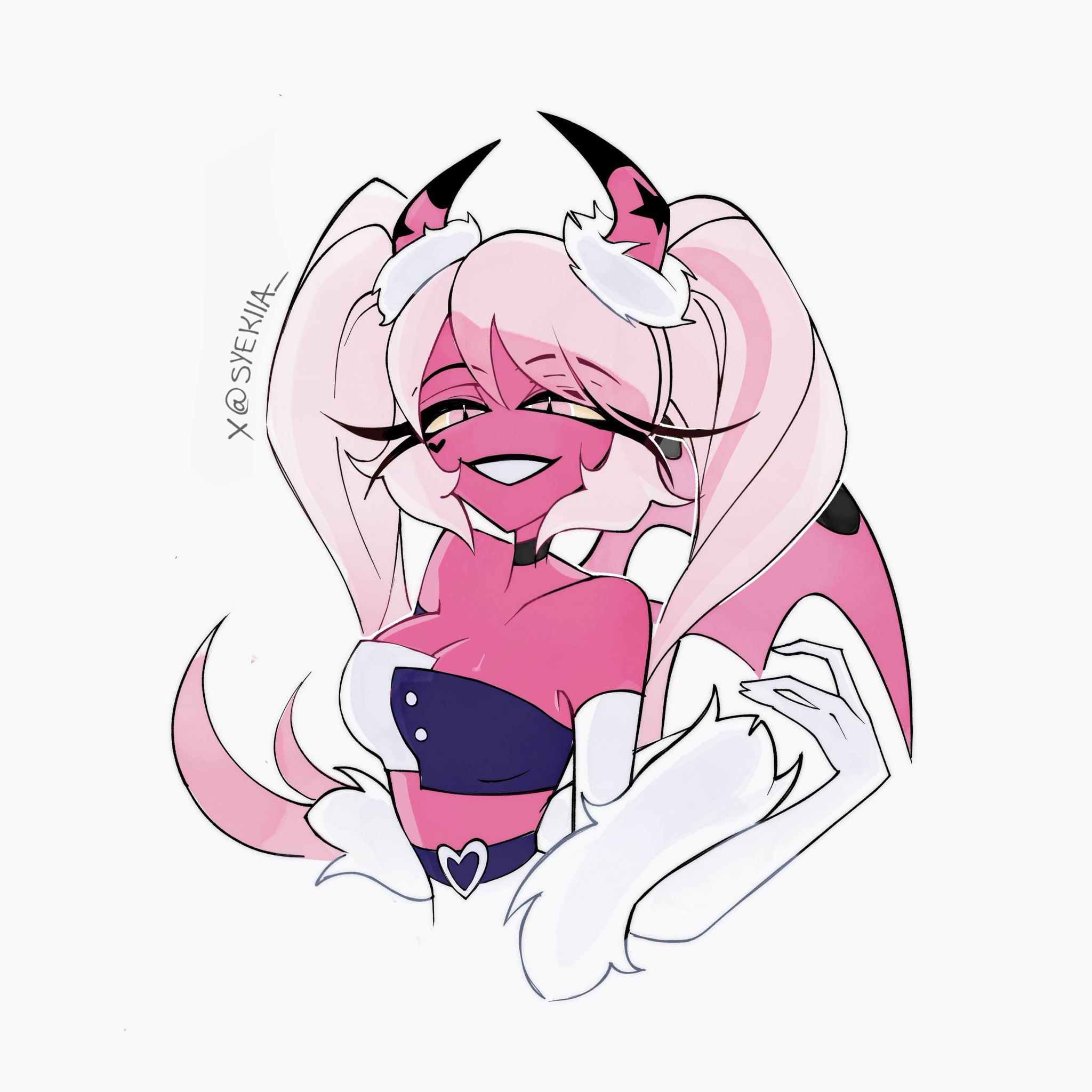 verosika mayday, hellaverse, helluva boss, highres, 1girl, breasts, colored sclera, colored skin, demon girl, demon horns, horns, large breasts, long hair, looking at viewer, pink skin, solo, syekiia, twintails, yellow sclera