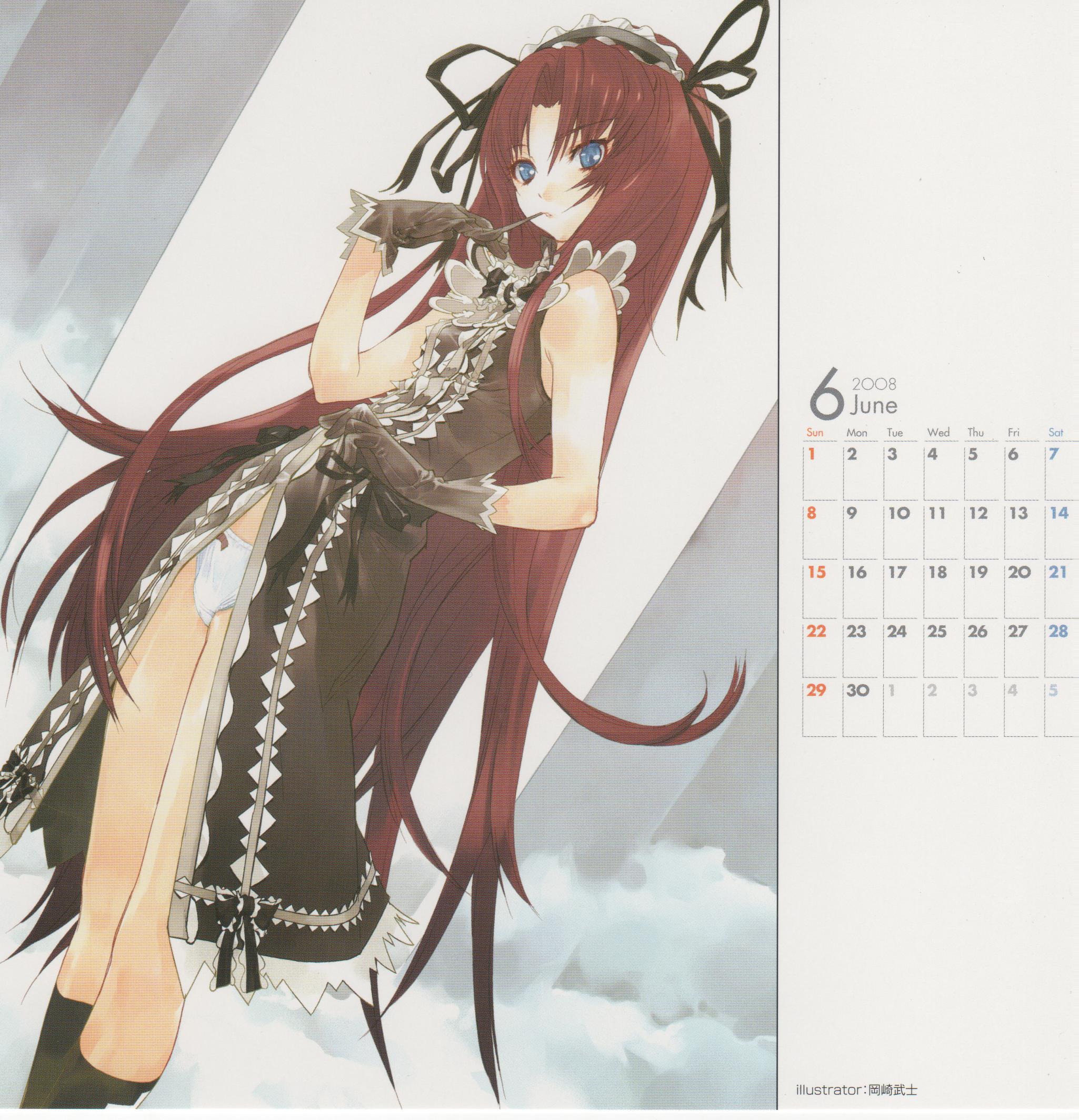 okazaki takeshi, etheldreda, demonbane, highres, 00s, 1girl, biting, biting glove, calendar, female focus, gloves, hairband, long hair, panties, ribbon, solo, underwear