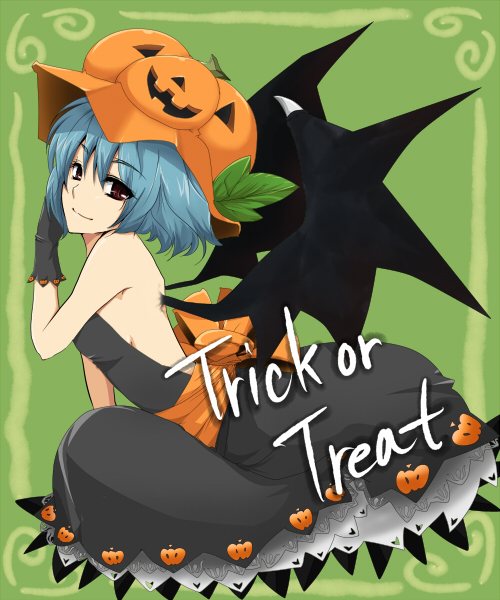 ifuji sakura, remilia scarlet, touhou, bad id, bad pixiv id, 1girl, alternate costume, backless dress, backless outfit, bare back, bare shoulders, bat wings, blue hair, dress, female focus, gloves, green background, halloween, hat, jack-o'-lantern, pumpkin, pumpkin hat, red eyes, short hair, solo, trick or treat, wings