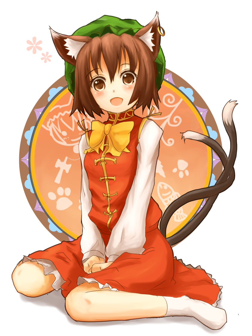 kokotetsu, chen, touhou, bad id, bad pixiv id, 1girl, animal ears, brown eyes, brown hair, cat ears, cat girl, cat tail, earrings, female focus, full body, green hat, hat, jewelry, mob cap, multiple tails, short hair, solo, tail, two tails, white background