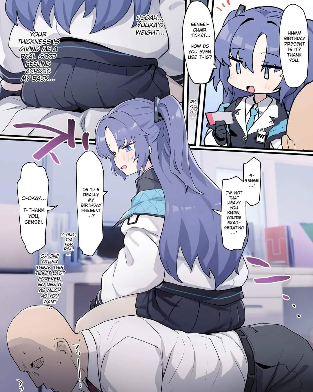 bee (deadflow), sensei (blue archive), yuuka (blue archive), blue archive, highres, translated, 1boy, 1girl, all fours, bald, black gloves, black pants, black shirt, black skirt, blue eyes, blue hair, blue necktie, comic, gloves, human chair, human furniture, indoors, long hair, long sleeves, looking at another, necktie, off shoulder, open mouth, pants, parted bangs, pleated skirt, shirt, sitting, sitting on person, skirt, speech bubble, two side up, white shirt