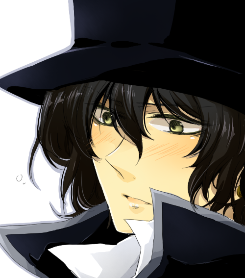 yoowa, gilbert nightray, pandora hearts, bad id, bad pixiv id, 00s, 1boy, black hair, blush, hat, male focus, short hair, solo, top hat, white background, yellow eyes