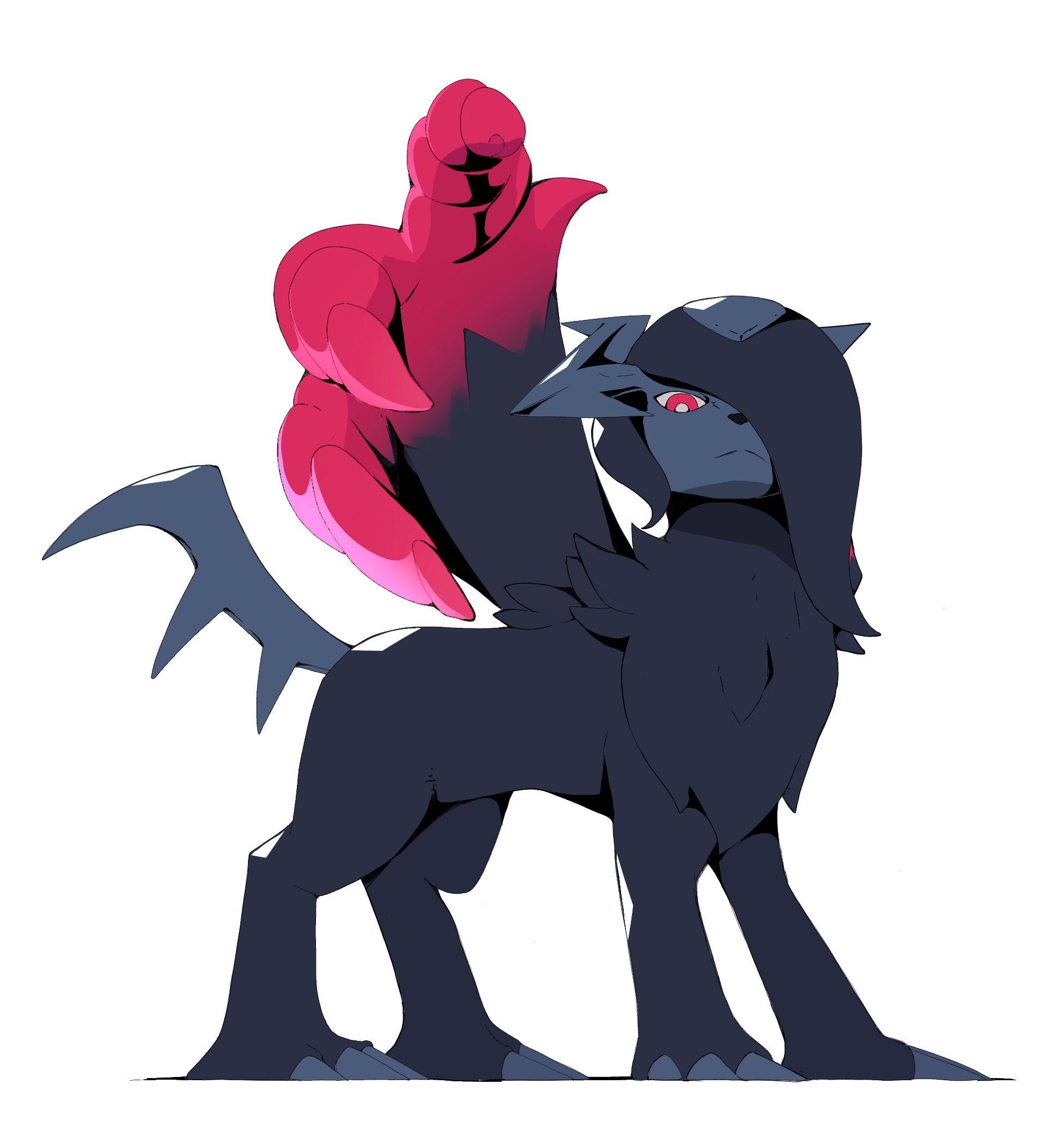 psaber97, absol, mega absol z, nintendo, pokemon, highres, animal focus, asymmetrical horns, black fur, black hair, body fur, bright pupils, claws, closed mouth, full body, gen 3 pokemon, hair over one eye, horns, looking at viewer, mega pokemon, no humans, one eye covered, pokemon (creature), pokemon focus, red eyes, red wings, simple background, solo, tail, uneven horns, white background, white pupils, wings