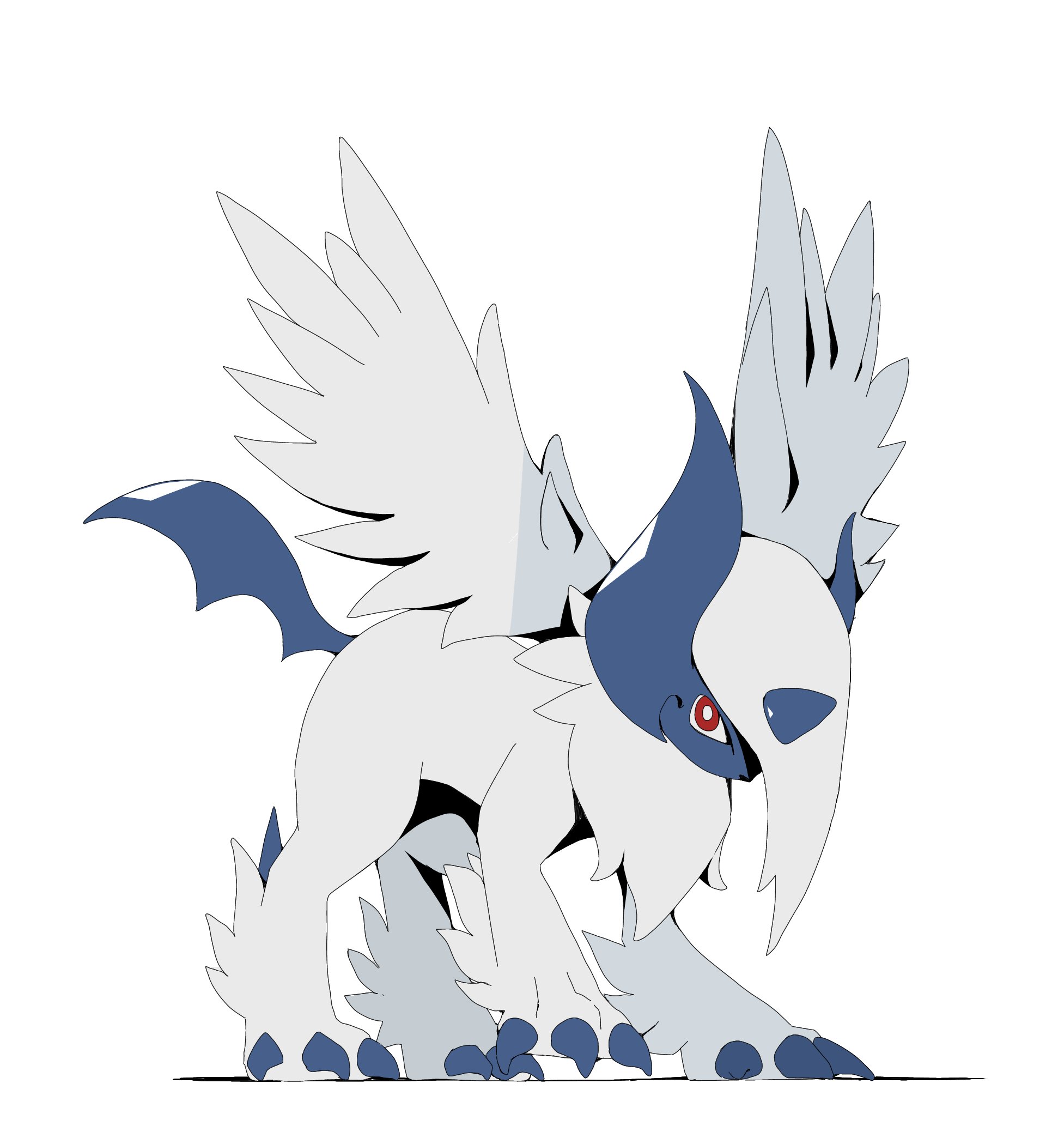 psaber97, absol, mega absol, nintendo, pokemon, highres, animal focus, asymmetrical horns, blue horns, body fur, bright pupils, claws, feathered wings, full body, gen 3 pokemon, hair over one eye, horns, looking at viewer, mega pokemon, neck fur, no humans, one eye covered, pokemon (creature), pokemon focus, red eyes, simple background, solo, uneven horns, white background, white fur, white hair, white pupils, white wings, wings