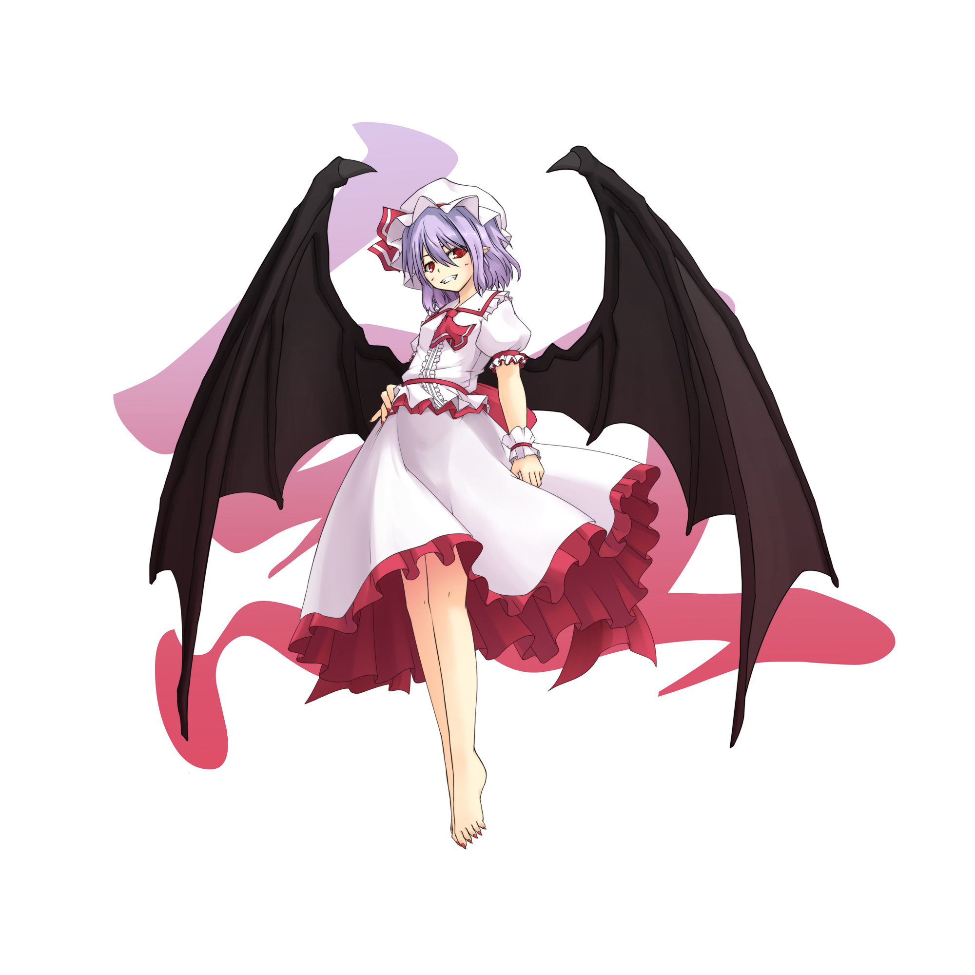 mikago kotaro, remilia scarlet, touhou, light purple hair, highres, 1girl, barefoot, bat wings, feet, female focus, full body, grin, hat, red eyes, short hair, smile, solo, white background, wings