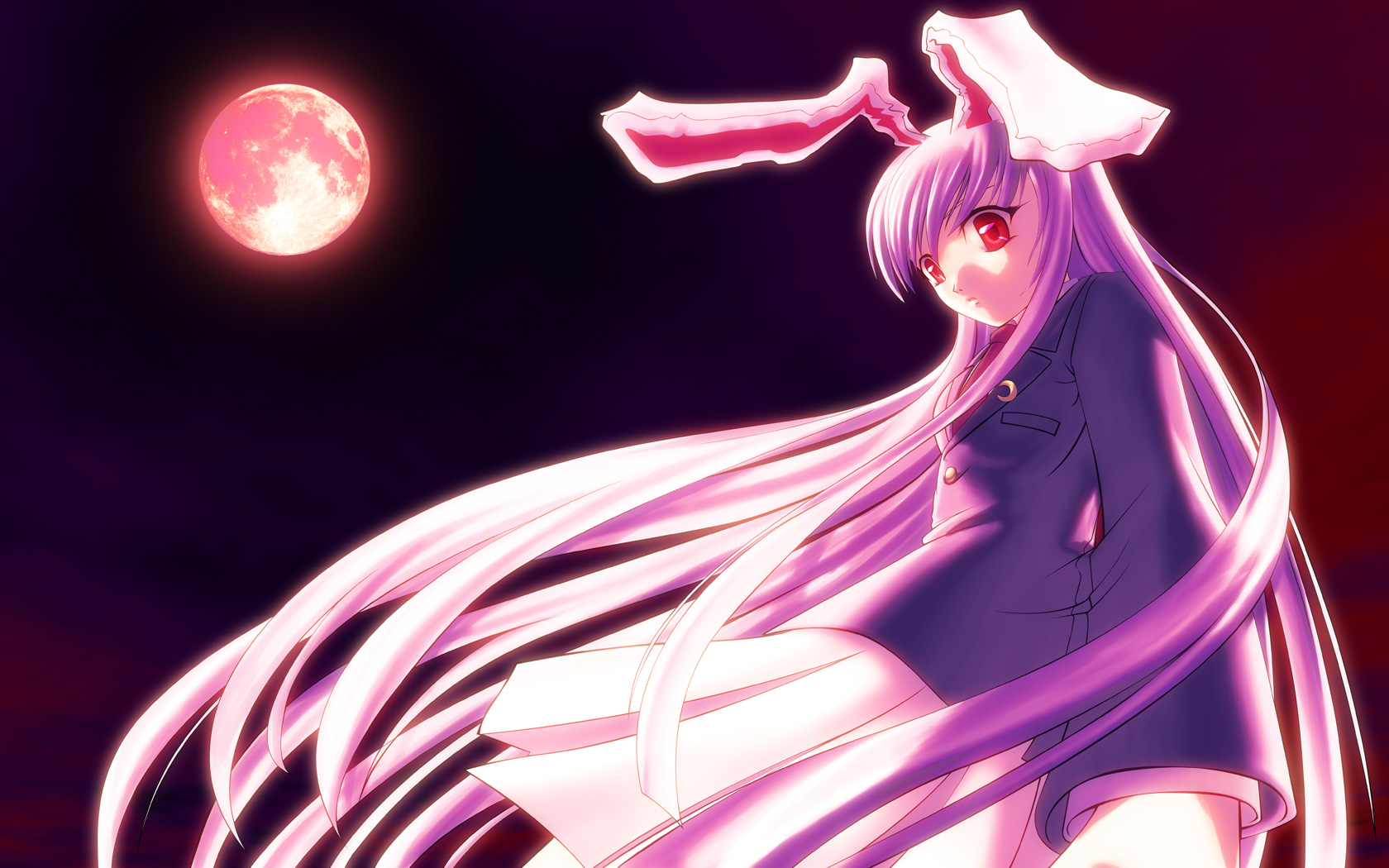 kirinnji, reisen udongein inaba, touhou, light purple hair, highres, 1girl, animal ears, blazer, female focus, jacket, long hair, moon, necktie, outdoors, rabbit ears, red eyes, red moon, sky, solo