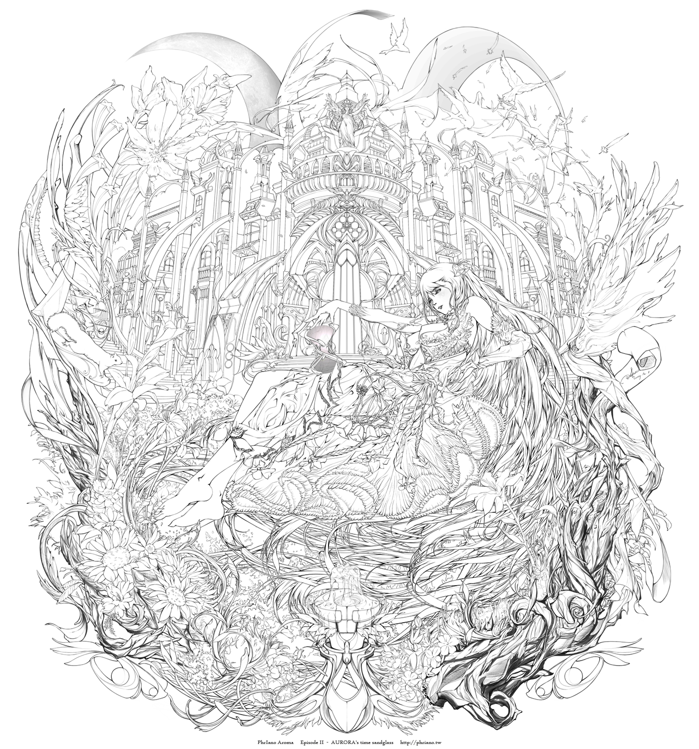 phriano, original, bad id, bad pixiv id, gender request, highres, androgynous, bare shoulders, barefoot, bird, feet, flower, fountain, greyscale, hourglass, lineart, long hair, mansion, monochrome, solo, statue, very long hair