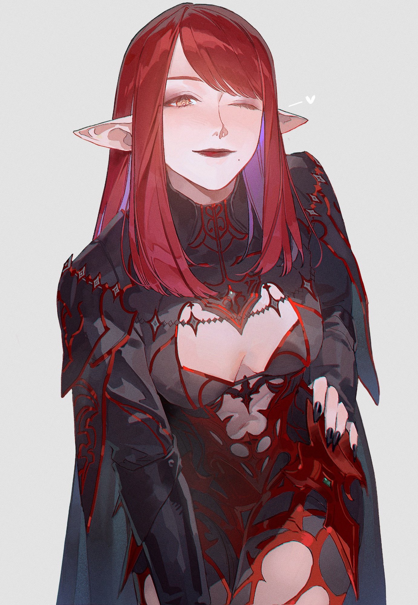 tefco, vamp fatale, final fantasy, final fantasy xiv, chinese commentary, commentary, commentary request, english commentary, highres, mixed-language commentary, 1girl, black nails, breasts, colored inner hair, cowboy shot, elezen, elf, fingernails, grey background, long fingernails, looking at viewer, medium breasts, mole, mole under mouth, multicolored hair, one eye closed, pointy ears, red hair, simple background, smile, solo, two-tone hair, yellow eyes