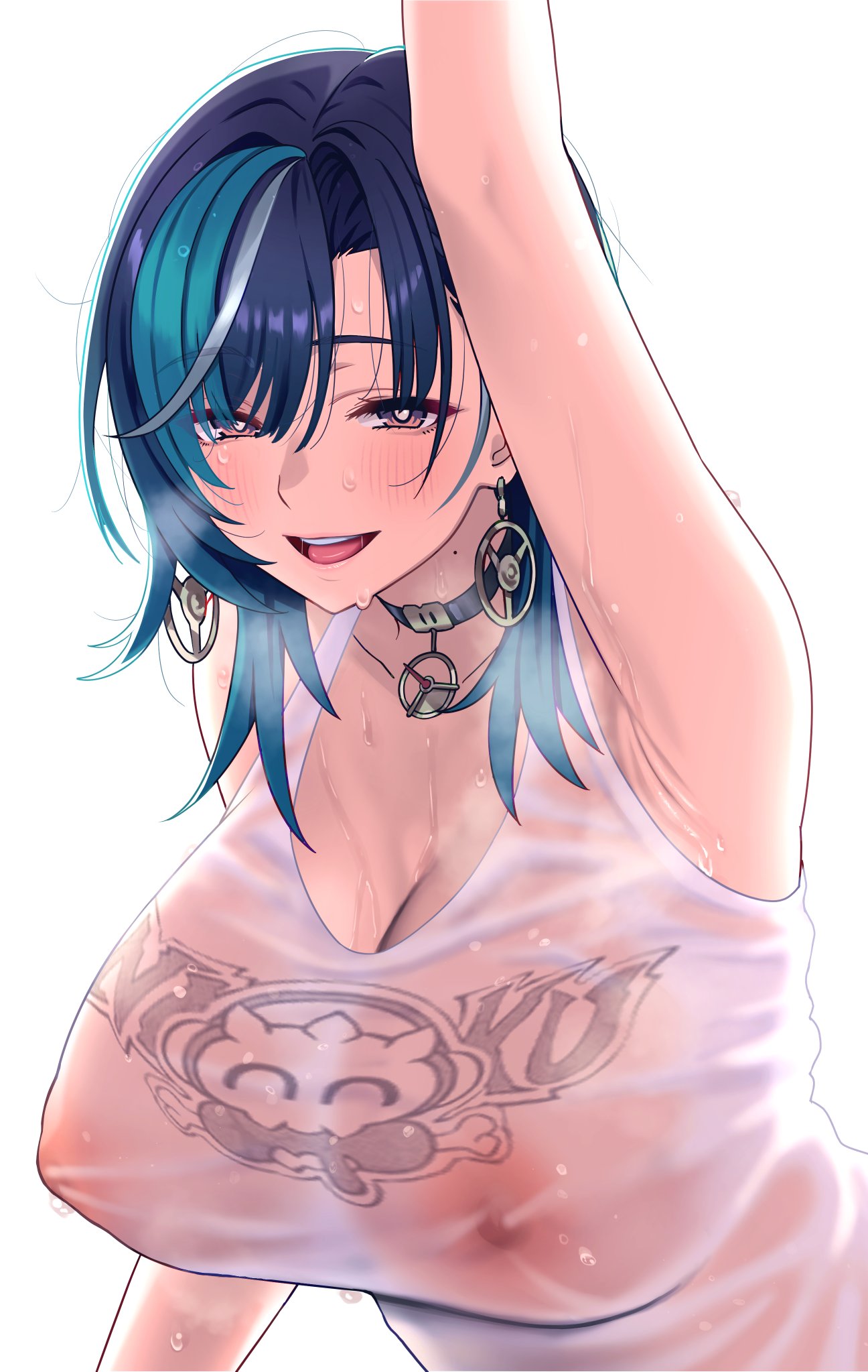 zabudog777, rindo chihaya, rindo chihaya (1st costume), hololive, hololive dev is, commentary request, highres, 1girl, aqua hair, aqua streaks, armpits, black choker, black hair, blush, breasts, choker, cleavage, covered erect nipples, earrings, jewelry, large breasts, looking at viewer, medium hair, mole, mole on neck, multicolored hair, open mouth, see-through clothes, see-through shirt, shirt, smile, solo, streaked hair, tank top, virtual youtuber, wet, wet clothes, wet shirt, white hair, white streaks, white tank top