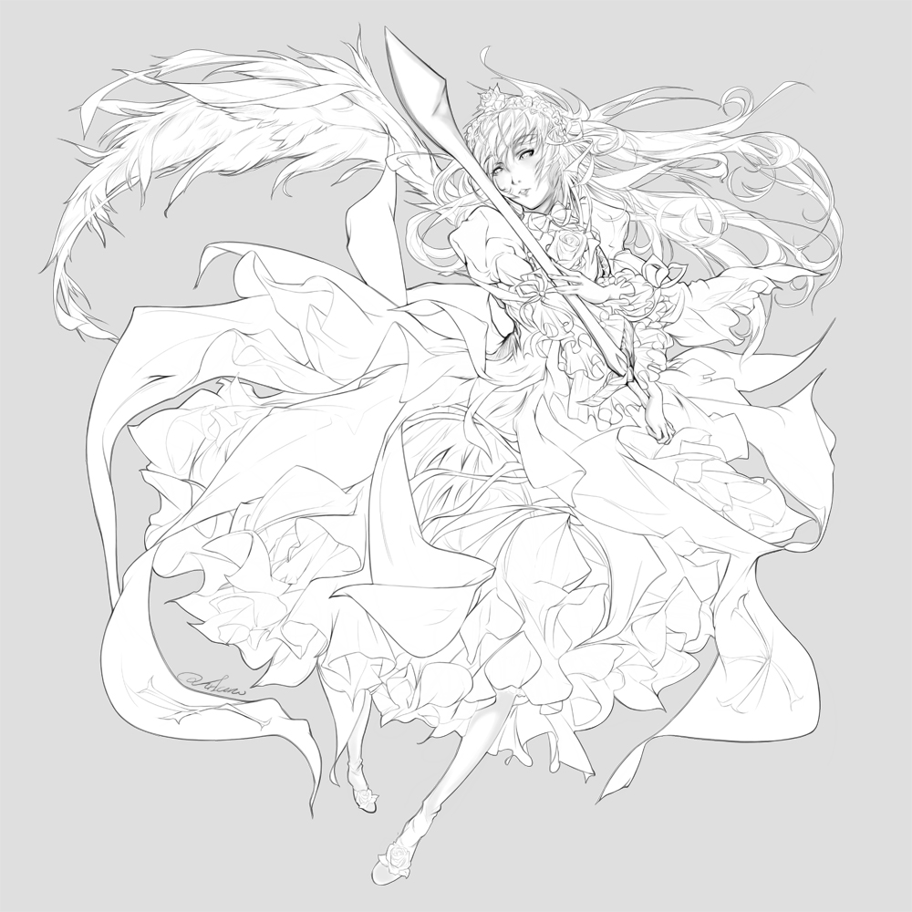 phriano, suigintou, rozen maiden, bad id, bad pixiv id, 00s, 1girl, dress, female focus, flower, greyscale, hairband, monochrome, rose, simple background, solo, sword, weapon, wings