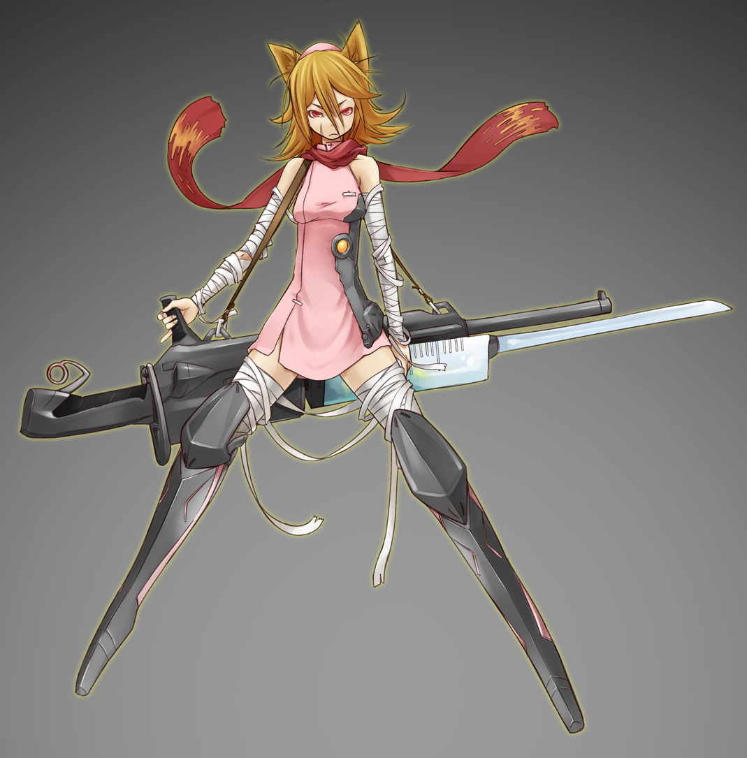 tokumaro, original, bad id, bad pixiv id, 1girl, animal ears, bandages, blonde hair, female focus, hat, huge weapon, large syringe, nurse, nurse cap, oversized object, red eyes, red scarf, scarf, short hair, solo, syringe, weapon