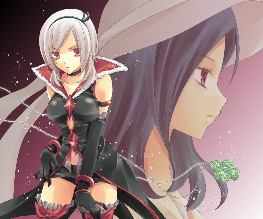 min-mu, eas (fresh precure!), higashi setsuna, fresh precure!, precure, black neckwear, 00s, 2girls, black shorts, blue hair, elbow gloves, gloves, hairband, hat, multiple girls, purple hair, red eyes, shorts, thighhighs