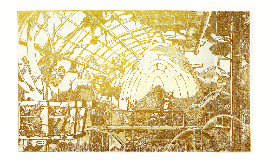 sakanaya, original, 4boys, aircraft, airship, brown theme, dirigible, etching, male focus, monochrome, multiple boys, railing, shipyard, yellow theme