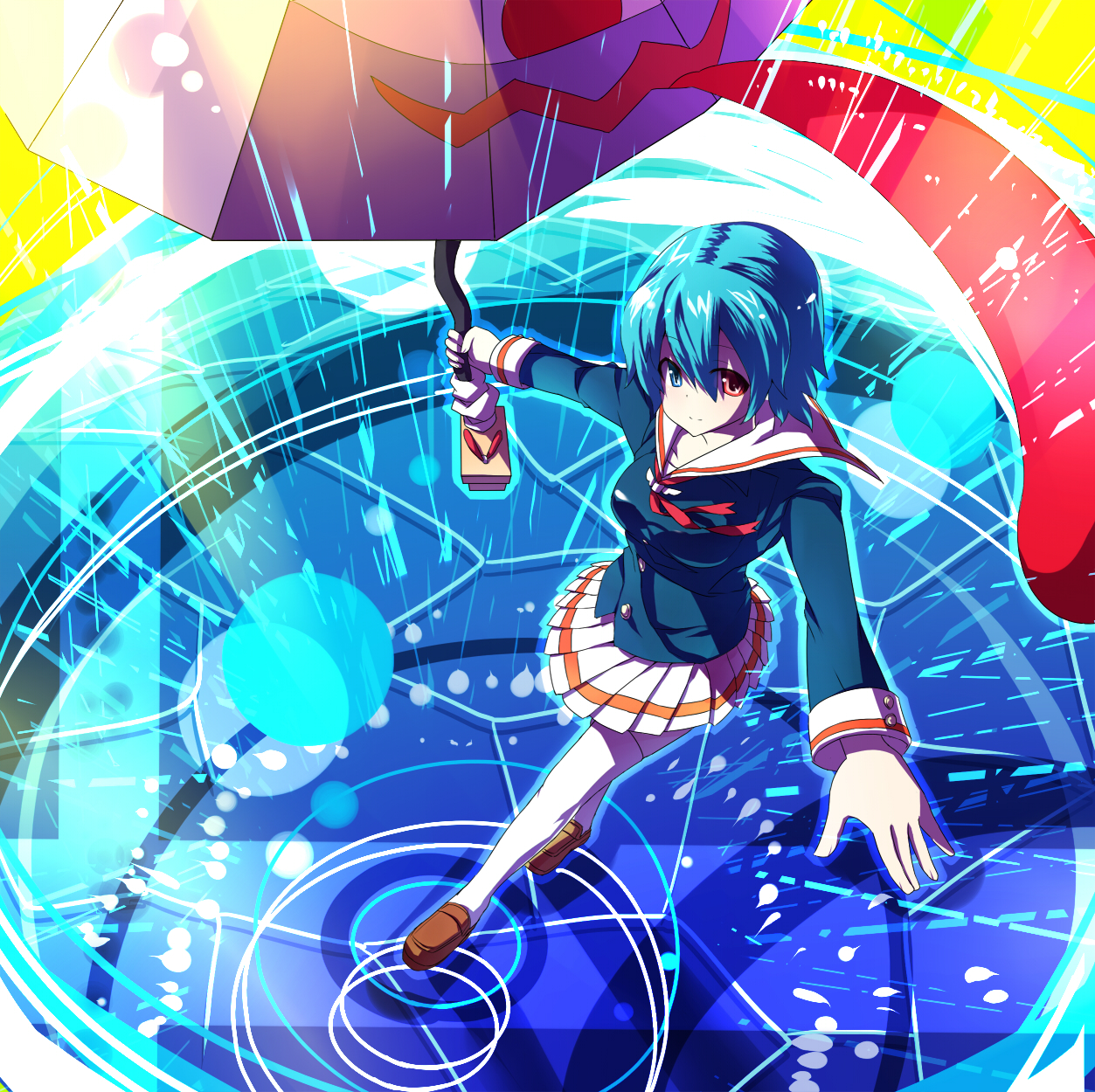 blue vert, tatara kogasa, touhou, highres, 1girl, alternate costume, blue hair, contemporary, female focus, full body, geta, heterochromia, karakasa obake, school uniform, short hair, solo, thighhighs, umbrella