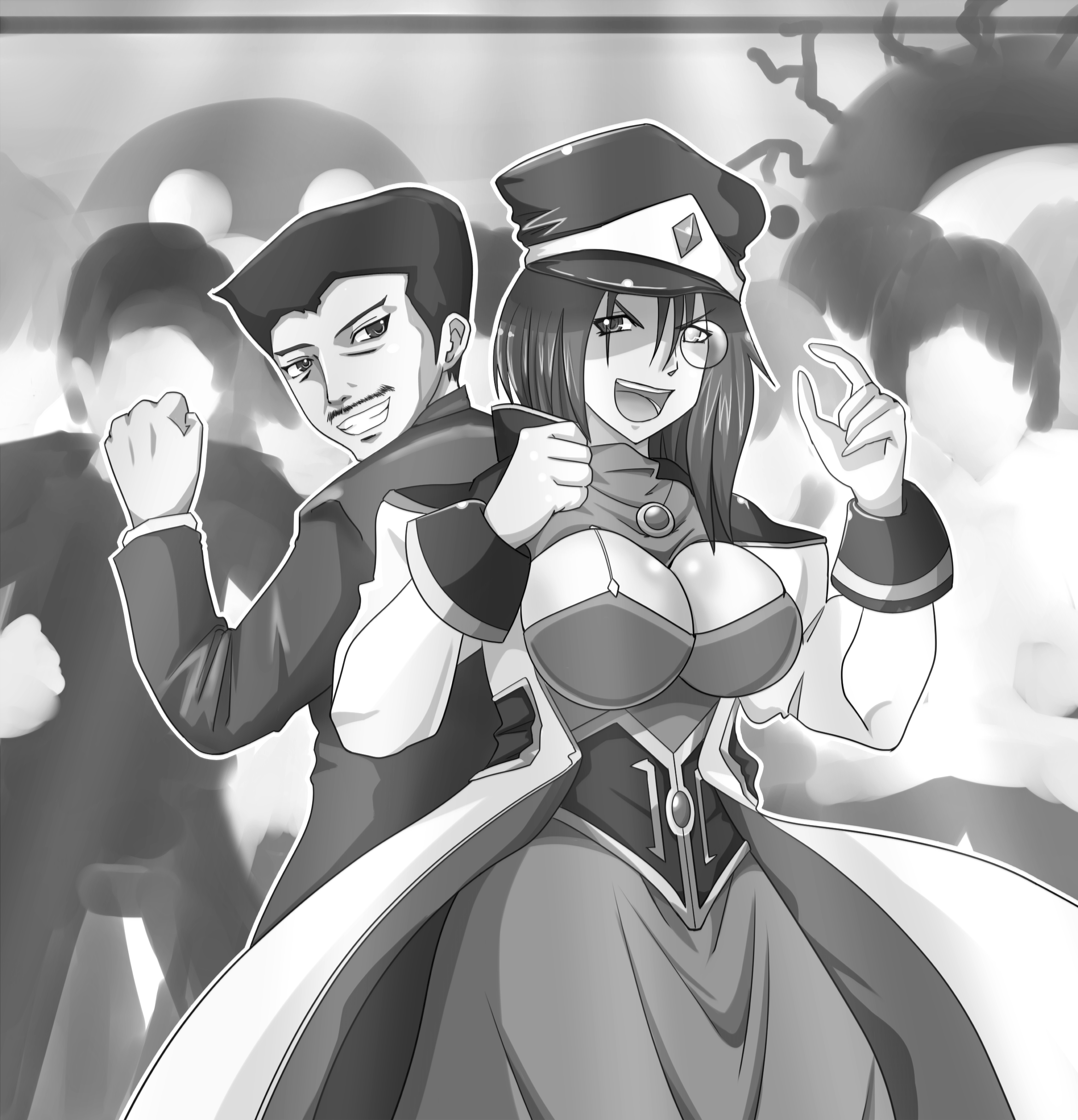 madbros, backbeard, forte stollen, galaxy angel, gegege no kitarou, absurdres, character request, highres, 00s, 1boy, 1girl, breasts, cleavage, facial hair, formal clothes, greyscale, hat, large breasts, military, military uniform, monochrome, monocle, mustache, peaked cap, short hair