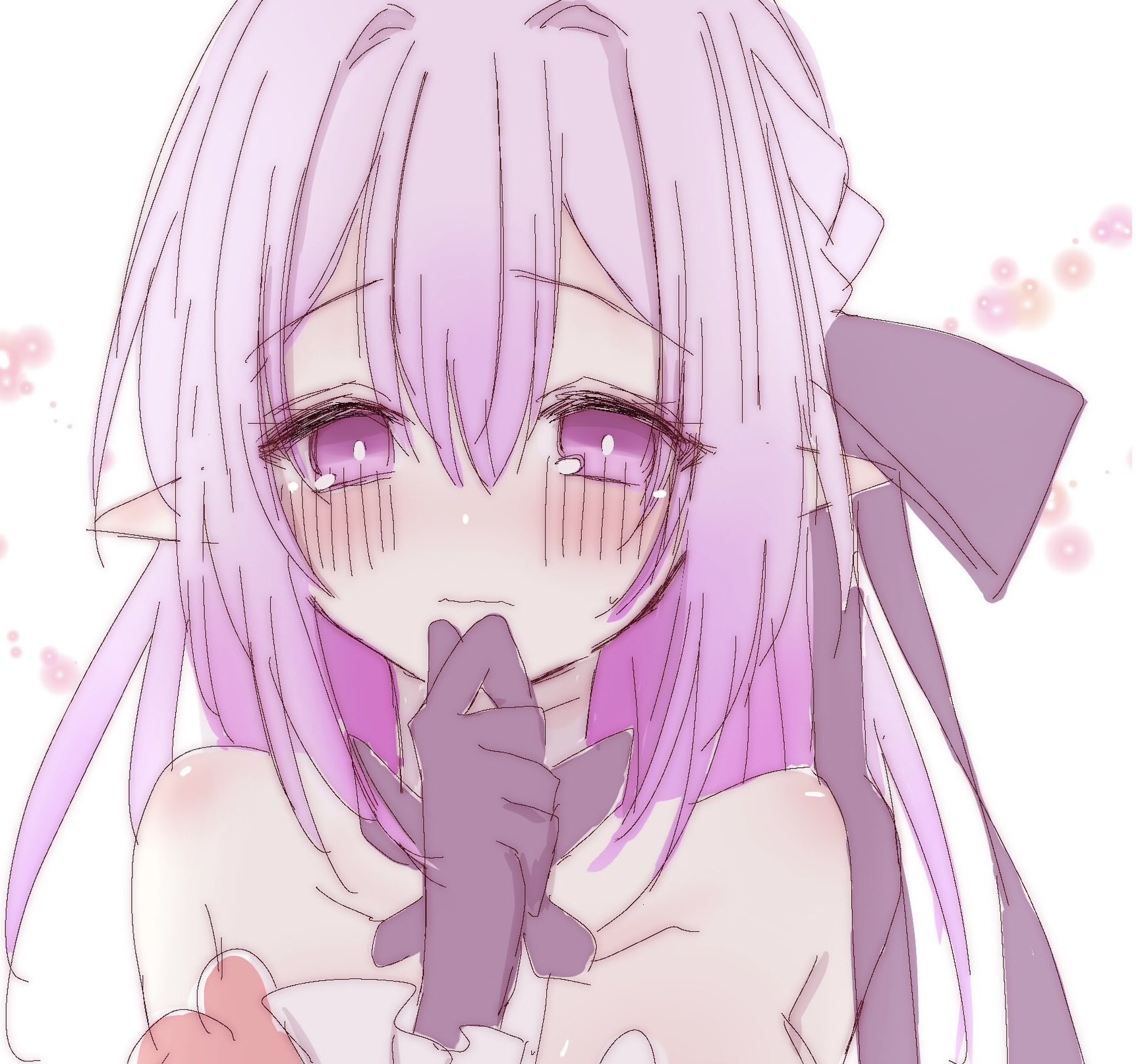 castorice (honkai: star rail), honkai: star rail, honkai (series), highres, 1girl, anemoe lii, bare shoulders, blush, bow, closed mouth, collarbone, dress, flower, gloves, hair between eyes, hair ornament, hand on own face, long hair, looking at viewer, pink flower, pointy ears, purple bow, purple eyes, purple gloves, purple hair, white dress