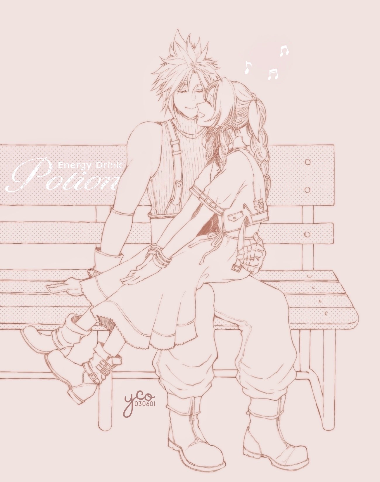 yco 030601, aerith gainsborough, cloud strife, final fantasy, final fantasy vii, final fantasy vii remake, highres, 1boy, 1girl, arm around waist, artist name, baggy pants, bangle, belt, bench, boots, bracelet, braid, braided ponytail, closed eyes, closed mouth, couple, cropped jacket, dress, full body, gloves, hair ribbon, hetero, jewelry, long dress, monochrome, musical note, open mouth, pants, parted bangs, pink background, ribbon, short hair, short sleeves, sidelocks, single bare shoulder, single braid, sitting, sitting on lap, sitting on person, sleeveless, sleeveless turtleneck, smile, spiked hair, suspenders, turtleneck, twitter username, v arms