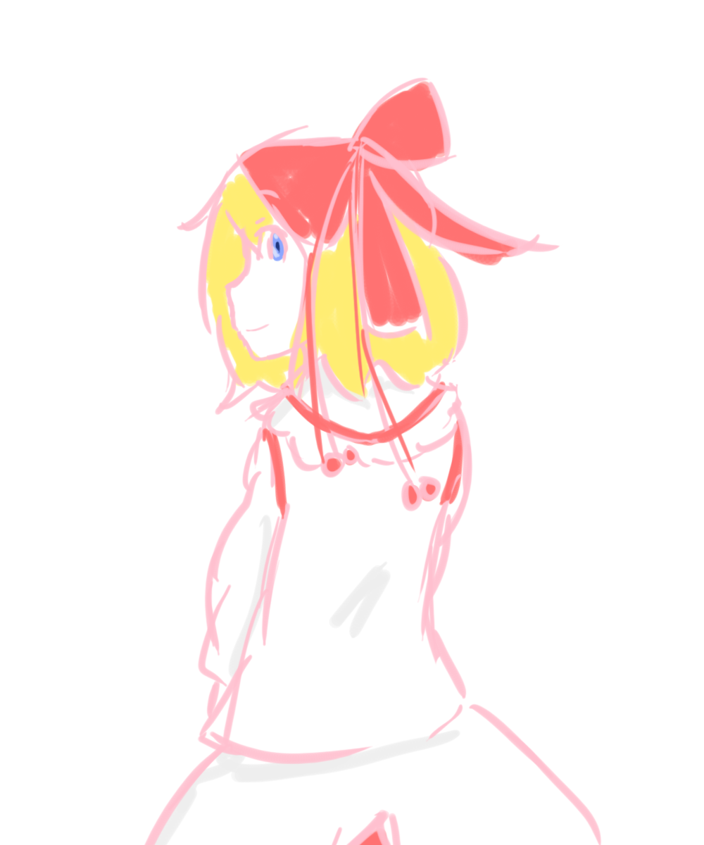 satsuki rin, embodiment of scarlet devil, touhou, slaves, highres, 1girl, blonde hair, blue eyes, female focus, ribbon, simple background, solo, standing, white background