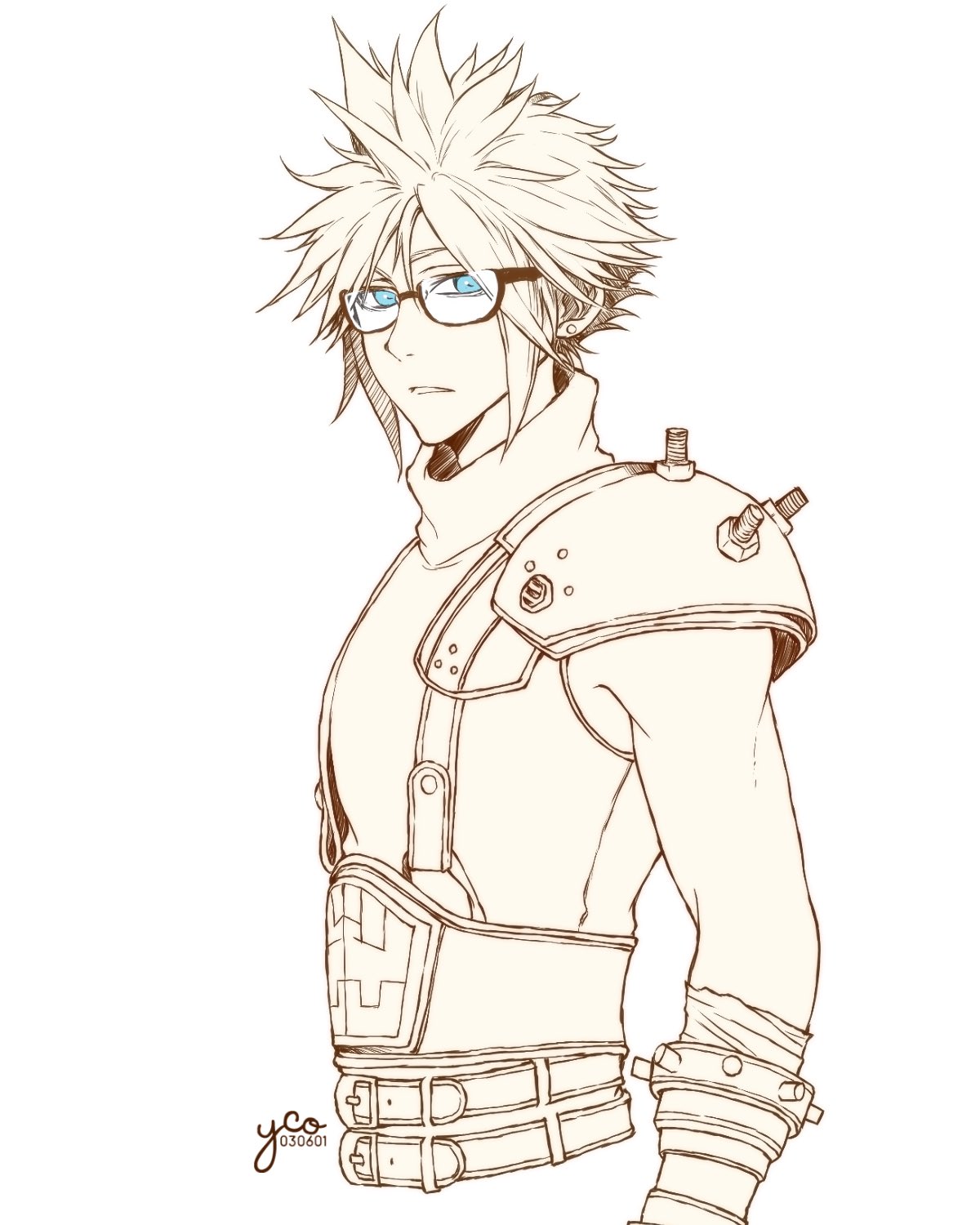 yco 030601, cloud strife, final fantasy, final fantasy vii, final fantasy vii remake, highres, 1boy, armor, artist name, bandaged arm, bandages, belt, blue eyes, earrings, glasses, hair between eyes, jewelry, looking at viewer, male focus, multiple belts, parted lips, pauldrons, short hair, shoulder armor, single earring, single pauldron, sleeveless, sleeveless turtleneck, solo, spiked hair, spot color, suspenders, turtleneck, twitter username, upper body, white background