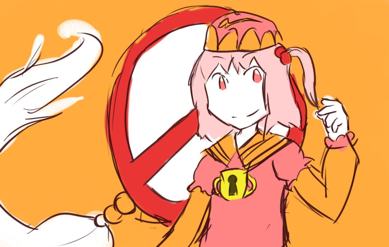 kawashiro mitori, touhou, 1girl, female focus, lock, pink hair, short hair, solo, standing, upper body