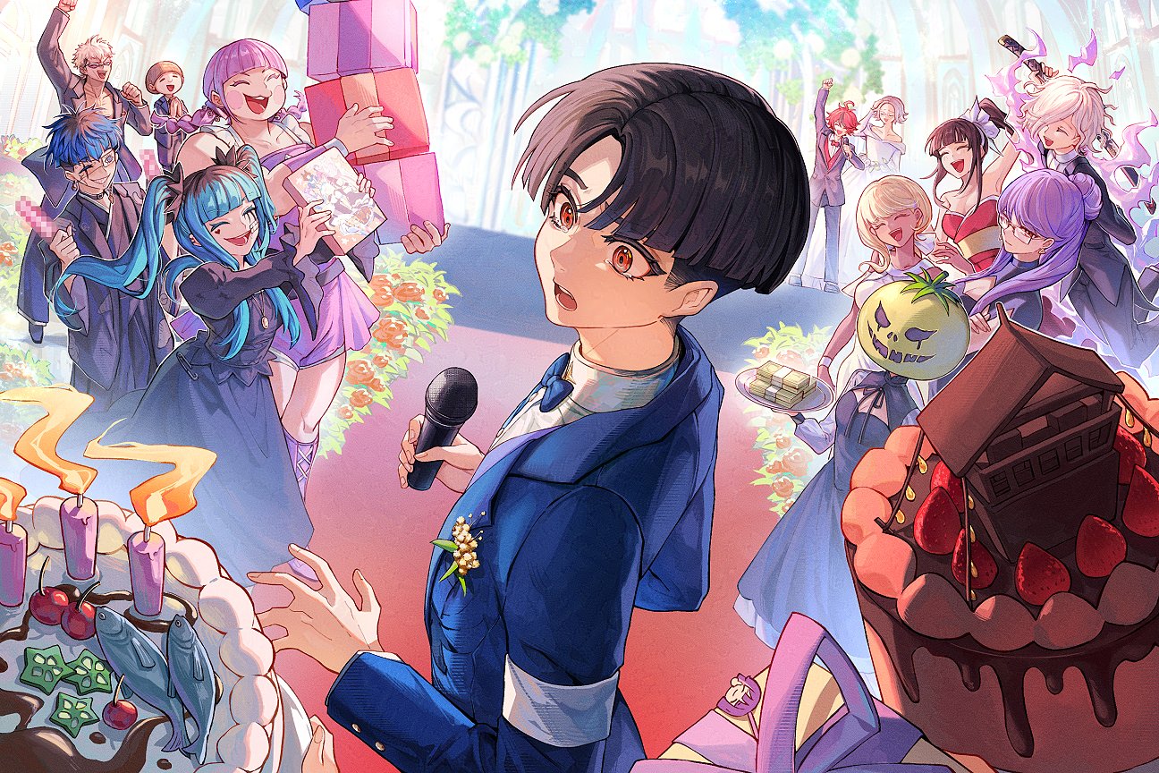 redricewine, amemiya darumi, aotsuki eito, ginzaki shouma, kawana tsubasa, magadori kyoshika, maruko gaku, mojiro moko, omokage yugamu, oosuzuki kurara, shion (hundred line), shizuhara hiruko, sumino takumi, tsukumo ima, yakushiji takemaru, the hundred line -last defense academy-, commentary, english commentary, 6+boys, 6+girls, :d, ^ ^, ahoge, armband, banknote, black dress, black hair, black haori, black jacket, black kimono, black pants, black streaks, blonde hair, blue bow, blue bowtie, blue hair, blue jacket, bow, bowtie, brown hair, cake, candle, censored, character pin, cherry, chocolate, closed eyes, crossdressing, crossdressing (mtf), crossed arms, dark-skinned female, dark skin, dress, earrings, eye print, eyepatch, facial mark, fire, fish, floating, food, formal clothes, fruit, gift, glasses, grey hair, hair bow, hair bun, hair over one eye, hair over shoulder, hairband, hakama, hakama pants, haori, heart, heart facial mark, holding, holding microphone, holding plate, holding sword, holding weapon, implied yaoi, jacket, japanese clothes, jewelry, kimono, last defense academy school uniform, long hair, makeup, masked, microphone, money, mosaic censoring, multicolored hair, multiple boys, multiple girls, open mouth, out of frame, pants, pink fire, plate, ponytail, print eyepatch, purple hair, red bow, red bowtie, red dress, red eyes, red hair, red vest, runny makeup, school uniform, shirt, short hair, smile, strapless, strapless dress, strawberry, streaked hair, suit, sword, tearing up, twintails, two-tone hair, vest, weapon, wedding dress, white armband, white dress, white hair, white hairband, white shirt