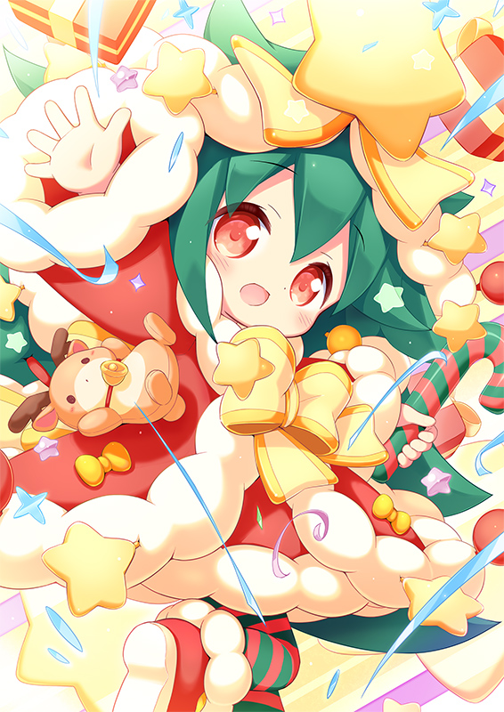 aikei ake, original, commentary request, 1girl, :d, blush, boots, bow, box, chibi, christmas, christmas tree, dress, fur-trimmed boots, fur-trimmed dress, fur-trimmed sleeves, fur trim, gift, gift box, green hair, hair between eyes, long sleeves, open mouth, outstretched arm, pantyhose, personification, red boots, red dress, red eyes, smile, solo, star (symbol), striped clothes, striped pantyhose, yellow bow