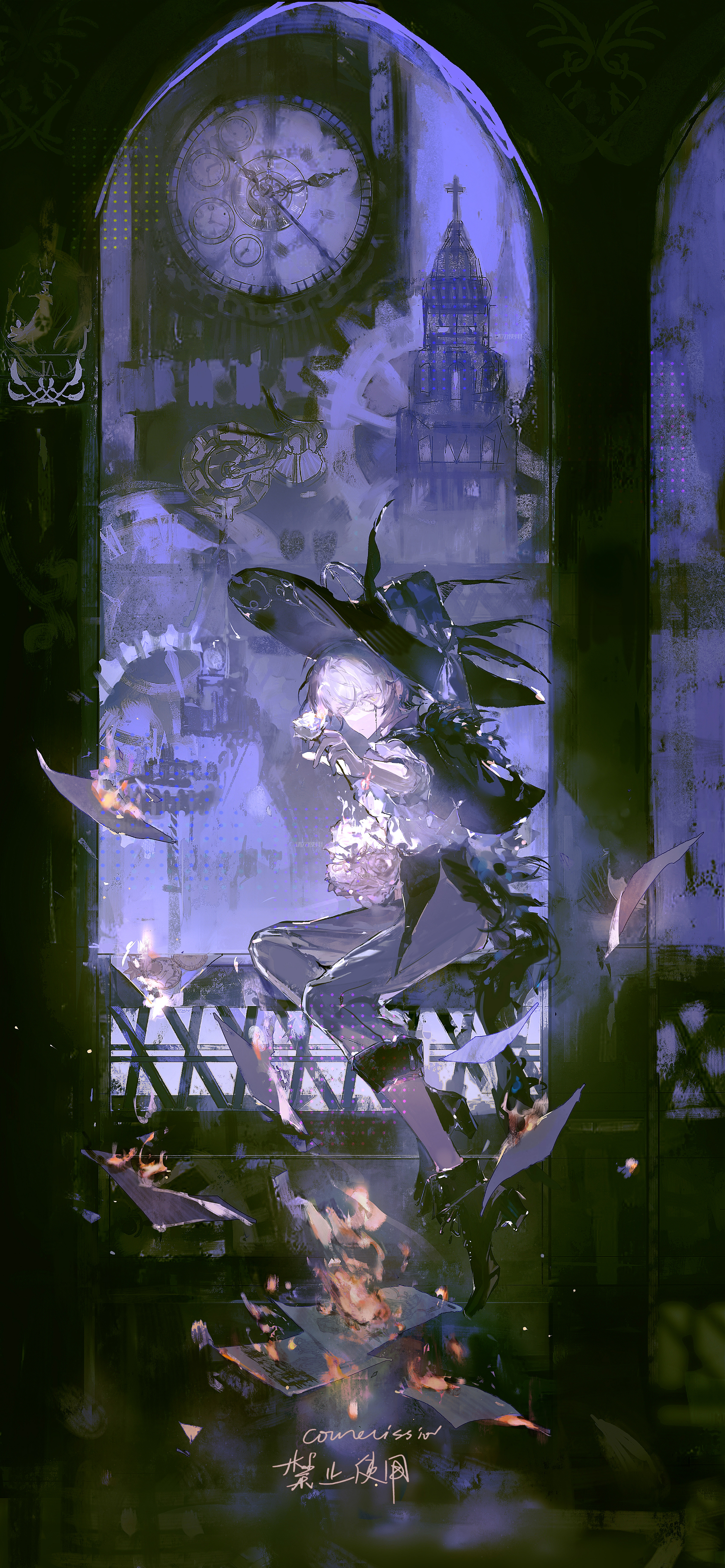 absurdres, character request, commission, copyright request, highres, 1boy, black hat, black shoes, burning, burning paper, chinese text, clock, closed mouth, english text, fire, floating, flower, full body, grey pants, hat, holding, holding flower, levitation, looking at viewer, male focus, monocle, pants, pants rolled up, papers, rose, shirt, shoes, short hair, sitting, solo, three-quarter sleeves, white flower, white hair, white rose, white shirt, yellow eyes, zhichitianshi