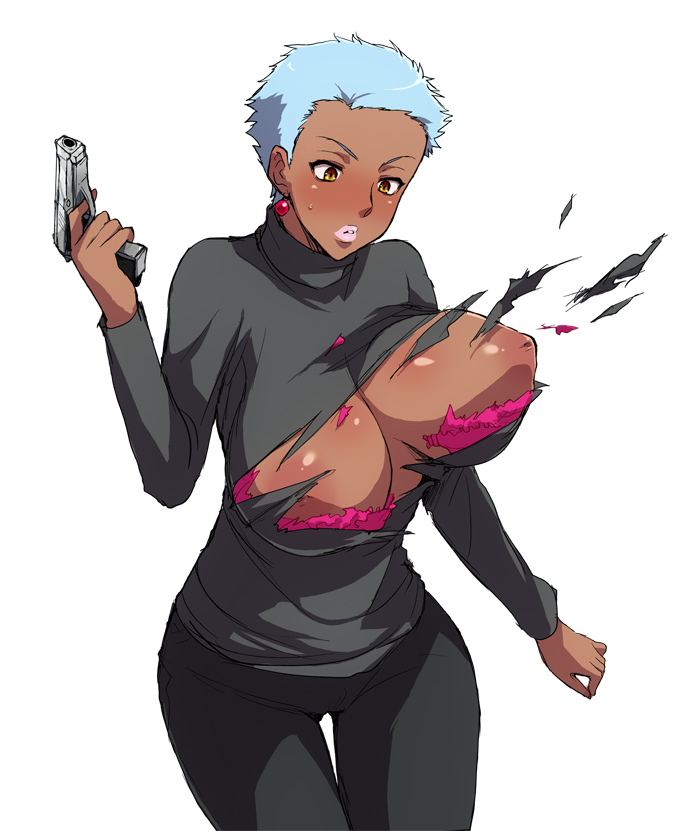 judy (artist), april (darker than black), darker than black, 00s, 1girl, blue hair, bra, breasts, brown eyes, bursting breasts, dark-skinned female, dark skin, female focus, gun, handgun, huge breasts, inverted nipples, lingerie, nipples, pants, shirt, short hair, solo, tearing clothes, torn bra, torn clothes, torn shirt, underwear, very short hair, wardrobe malfunction, weapon
