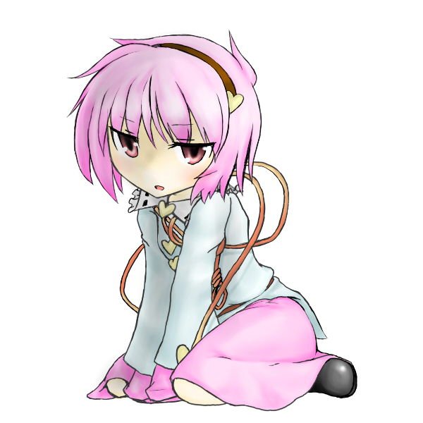 don no shoushitsu, komeiji satori, touhou, bad id, bad pixiv id, 1girl, female focus, full body, hairband, heart, pink eyes, pink hair, seiza, short hair, simple background, sitting, solo, white background