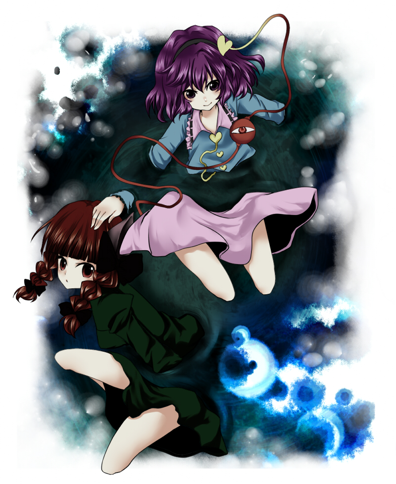 rimu (kingyo origin), rimu (rim573), kaenbyou rin, komeiji satori, touhou, bad id, bad pixiv id, 2girls, animal ears, blunt bangs, blush, braid, cat ears, cat girl, female focus, hair ribbon, hairband, heart, long hair, multiple girls, purple eyes, purple hair, red eyes, ribbon, short hair, twin braids, twintails