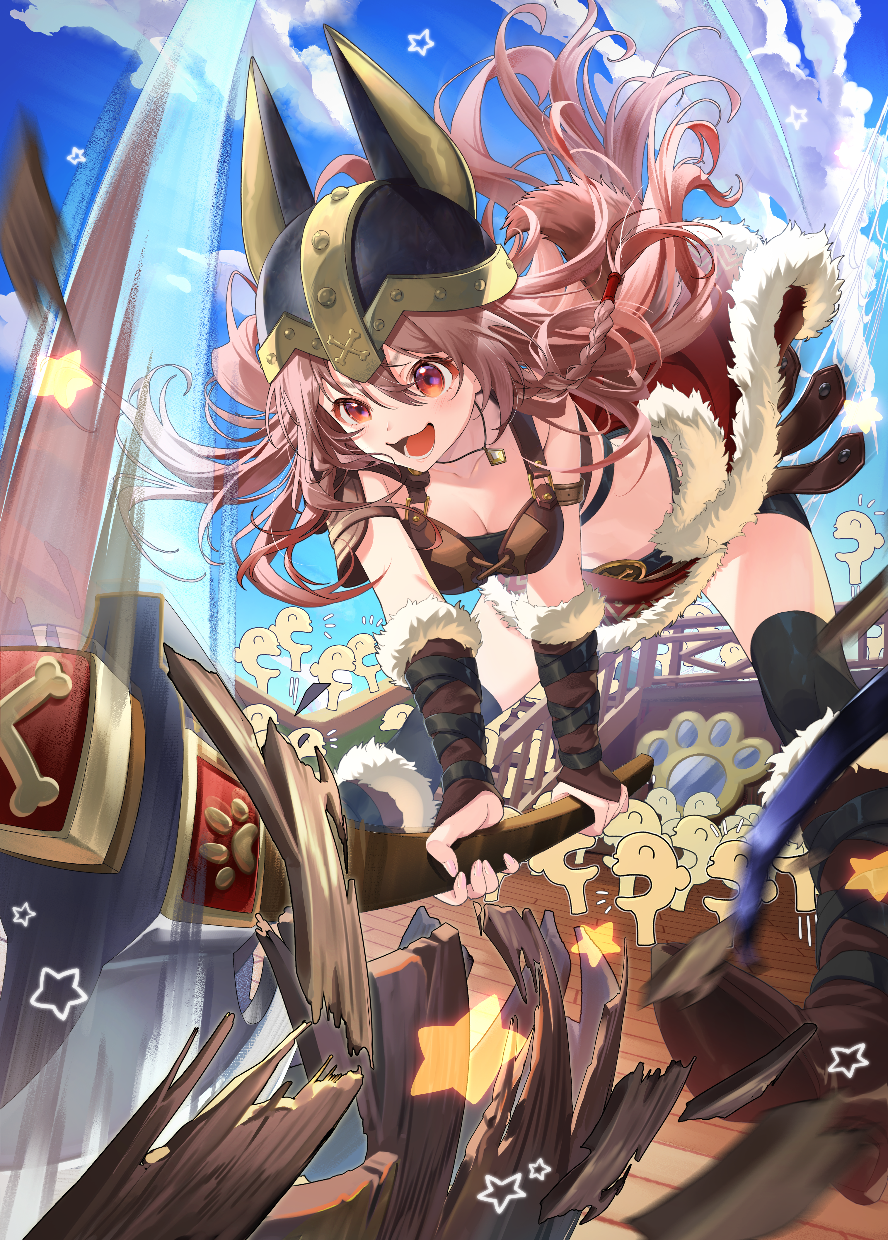 mucchiri shiitake, inugami korone, inugami korone (viking), listener (inugami korone), hololive, absurdres, commentary request, highres, official art, 1girl, :d, animal ear helmet, animal ears, animal helmet, armor, axe, battle axe, bike shorts, bike shorts under skirt, bikini armor, black shorts, black thighhighs, blue sky, bone hair ornament, boots, bracer, braid, breasts, brown boots, brown eyes, brown hair, cartoon bone, cleavage, cloud, day, dog ears, dog girl, dog tail, double-parted bangs, extra ears, floating hair, fur-trimmed boots, fur-trimmed bracer, fur skirt, fur trim, hair between eyes, hair ornament, holding, holding axe, jewelry, knee boots, leather armor, long hair, medium breasts, messy hair, miniskirt, necklace, official alternate costume, official alternate hairstyle, open mouth, outdoors, pauldrons, red skirt, shorts, shoulder armor, side braid, single pauldron, skirt, sky, smile, solo, tail, thighhighs, virtual youtuber, weapon