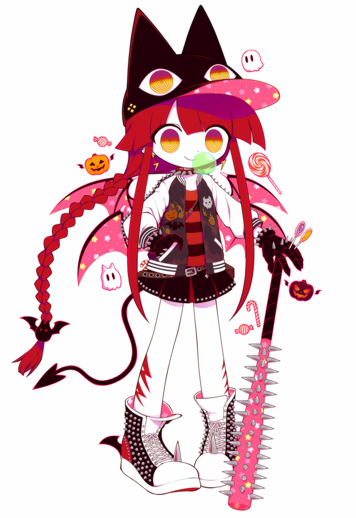 funamusea (artist), funamusea, official art, animal ears, animal hat, baseball bat, black shirt, black skirt, blowing bubble gum, braid, cat ears, cat hat, chewing gum, demon girl, demon tail, demon wings, fake animal ears, hand on own hip, hat, kuko (funamusea), nail (hardware), nail bat, red hair, red shirt, shirt, skirt, striped clothes, striped shirt, tail, wings