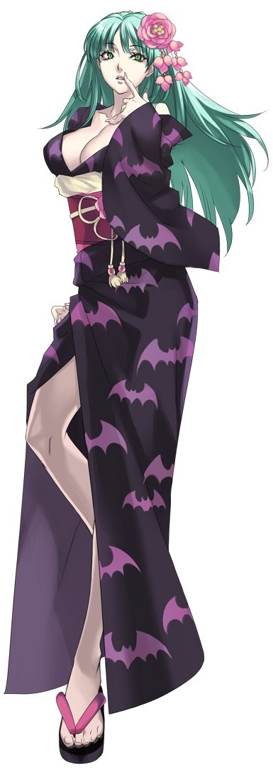 nakamura tatsunori, morrigan aensland, capcom, cross edge, darkstalkers, long image, official art, tall image, 1girl, alternate costume, animal print, aqua hair, bat print, breasts, cleavage, demon girl, feet, female focus, finger to mouth, flower, full body, green eyes, green hair, hair flower, hair ornament, japanese clothes, kimono, large breasts, long hair, matching hair/eyes, obi, off shoulder, open mouth, pointing, print kimono, sandals, sash, simple background, solo, standing, yukata