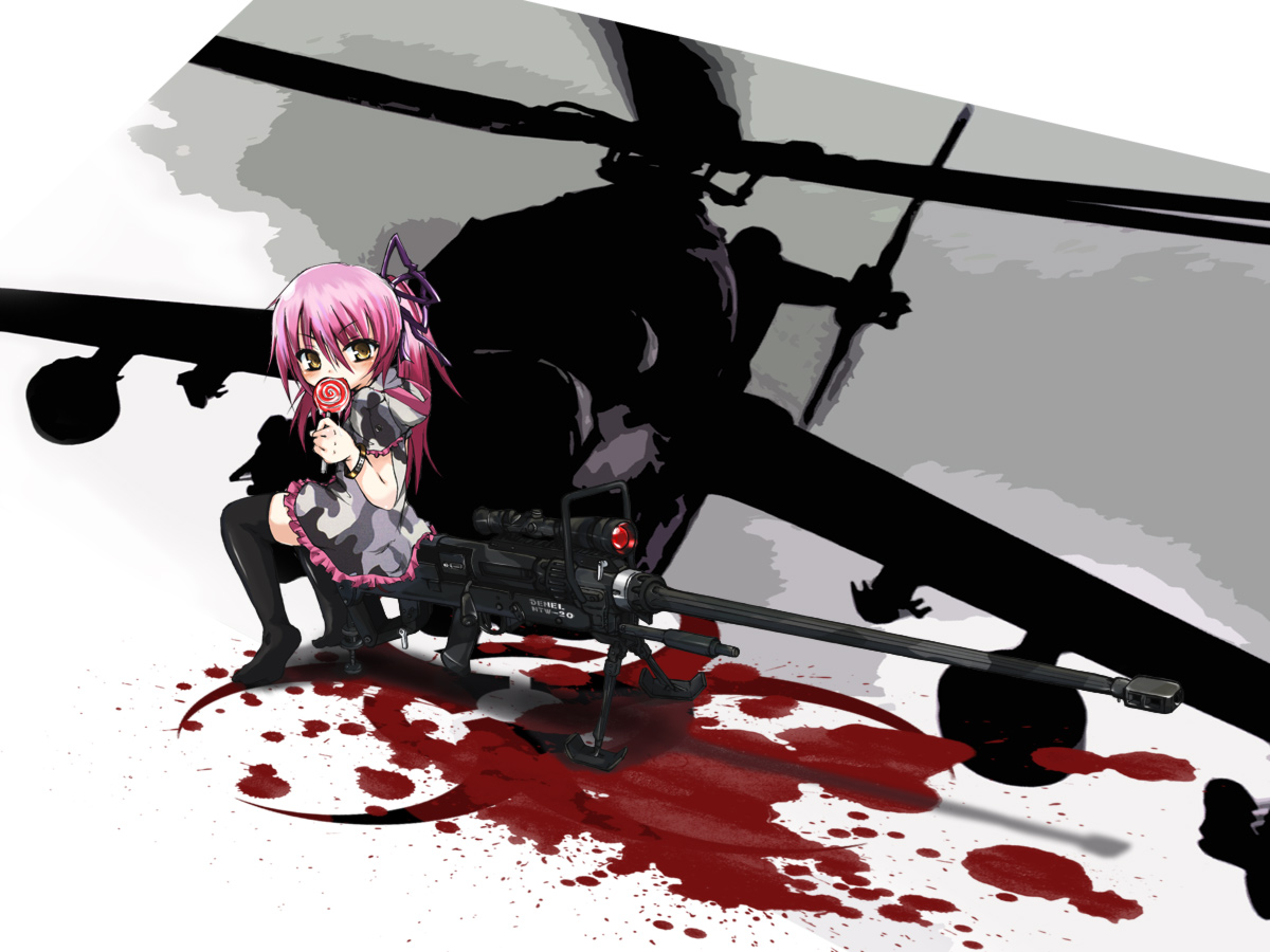 arukana, office (soda parfait), mi-24, original, bad id, bad pixiv id, 1girl, aircraft, anti-materiel rifle, attack helicopter, blood, bracelet, candy, eating, female focus, food, gun, helicopter, jewelry, lollipop, long hair, looking back, military vehicle, pink hair, ponytail, rifle, scope, sniper rifle, solo, swirl lollipop, thighhighs, weapon, yellow eyes