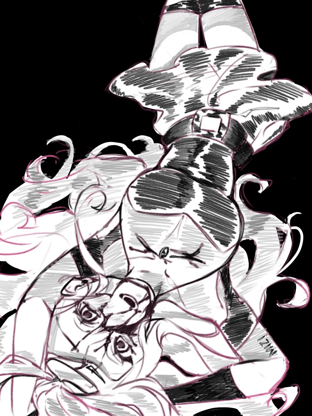 ame (tokwapatatas), mizi (alien stage), alien stage, commentary, hashtag-only commentary, highres, 1girl, arm tattoo, blood, blood on face, breasts, dress, gloves, greyscale, long hair, lying, monochrome, on back, open mouth, smile, solo, tattoo, thighhighs, very long hair