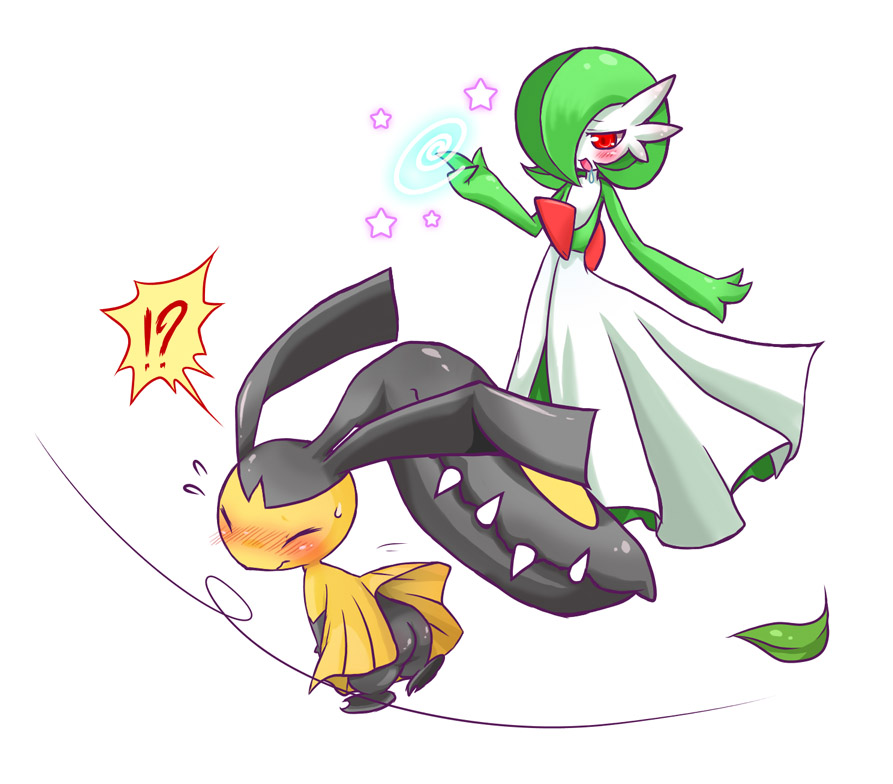 pinkmaggot, gardevoir, mawile, nintendo, pokemon, !, !?, ?, ass, blush, closed eyes, gen 3 pokemon, pervert, perverted utility, pokemon (creature), saliva, surprised, upskirt, wind, wind lift