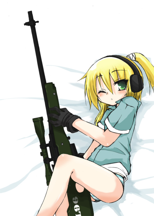 arukana, office (soda parfait), iris (material sniper), material sniper, bad id, bad pixiv id, 1girl, ai arctic warfare, between legs, blonde hair, bolt action, bottomless, ear protection, female focus, gloves, green eyes, gun, l96, lying, no pants, on side, one eye closed, panties, ponytail, rifle, scope, sniper rifle, solo, striped clothes, striped panties, underwear, weapon, wink