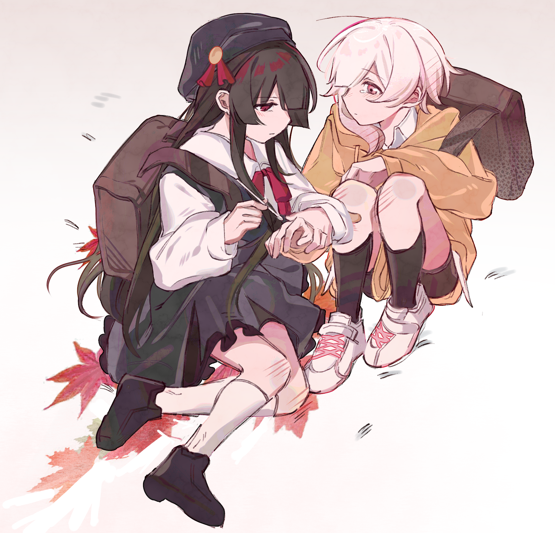 heihuamu1, nikaido hiro, sakuraba ema, mahou shoujo no majo saiban, highres, 2girls, aged down, autumn leaves, backpack, bag, beret, black hair, black hat, black shoes, black skirt, black socks, brown bag, closed mouth, collared shirt, hat, hood, hoodie, kneehighs, knees up, leaf, long hair, long sleeves, looking at another, multiple girls, official alternate costume, red eyes, shirt, shoes, short hair, sitting, skirt, sneakers, socks, tearing up, white hair, white shirt, white socks, yellow hoodie